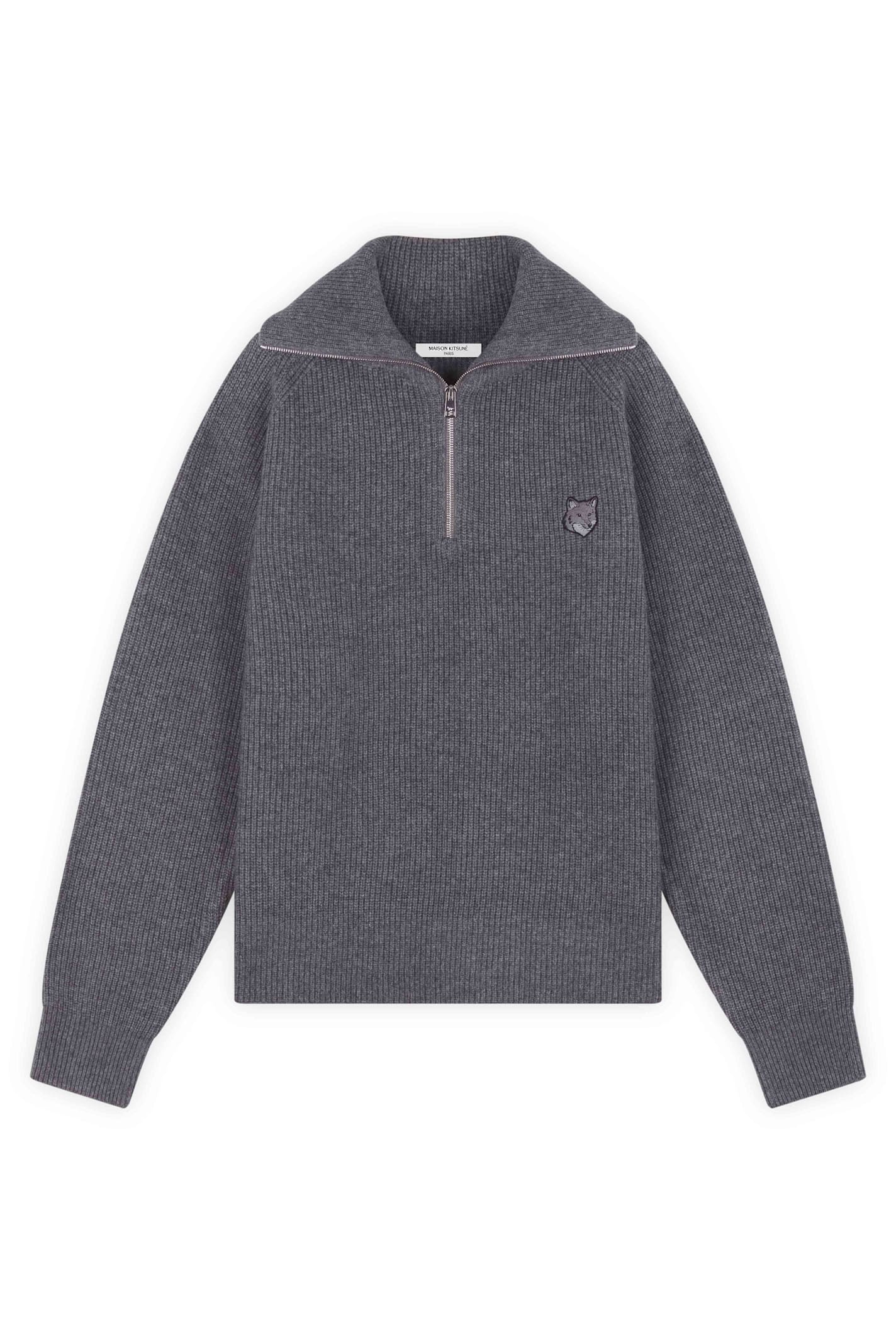 Shop Maison Kitsuné Bold Fox Head Patch Half Zip Ribbed Jumper In Medium Grey Melange