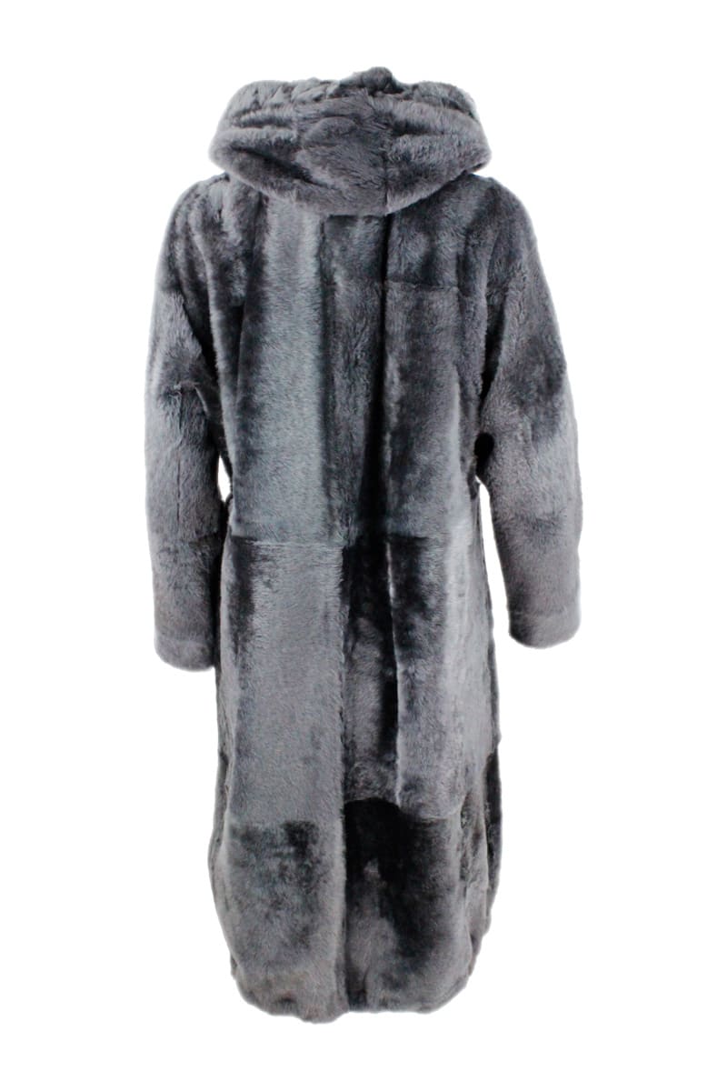 Shop Brunello Cucinelli Long Shearling Coat With Detachable Hood And Monili Along The Zip Closure In Grey