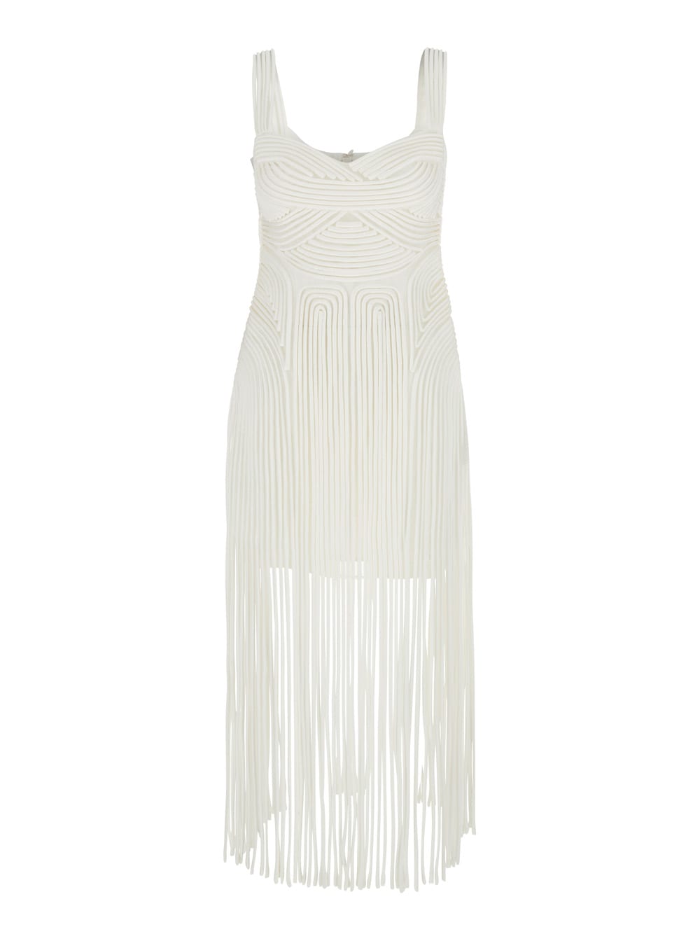 darby White Midi Dress With Fringed Hem And All-over Soutache Embroidery In Acetate Blend Woman