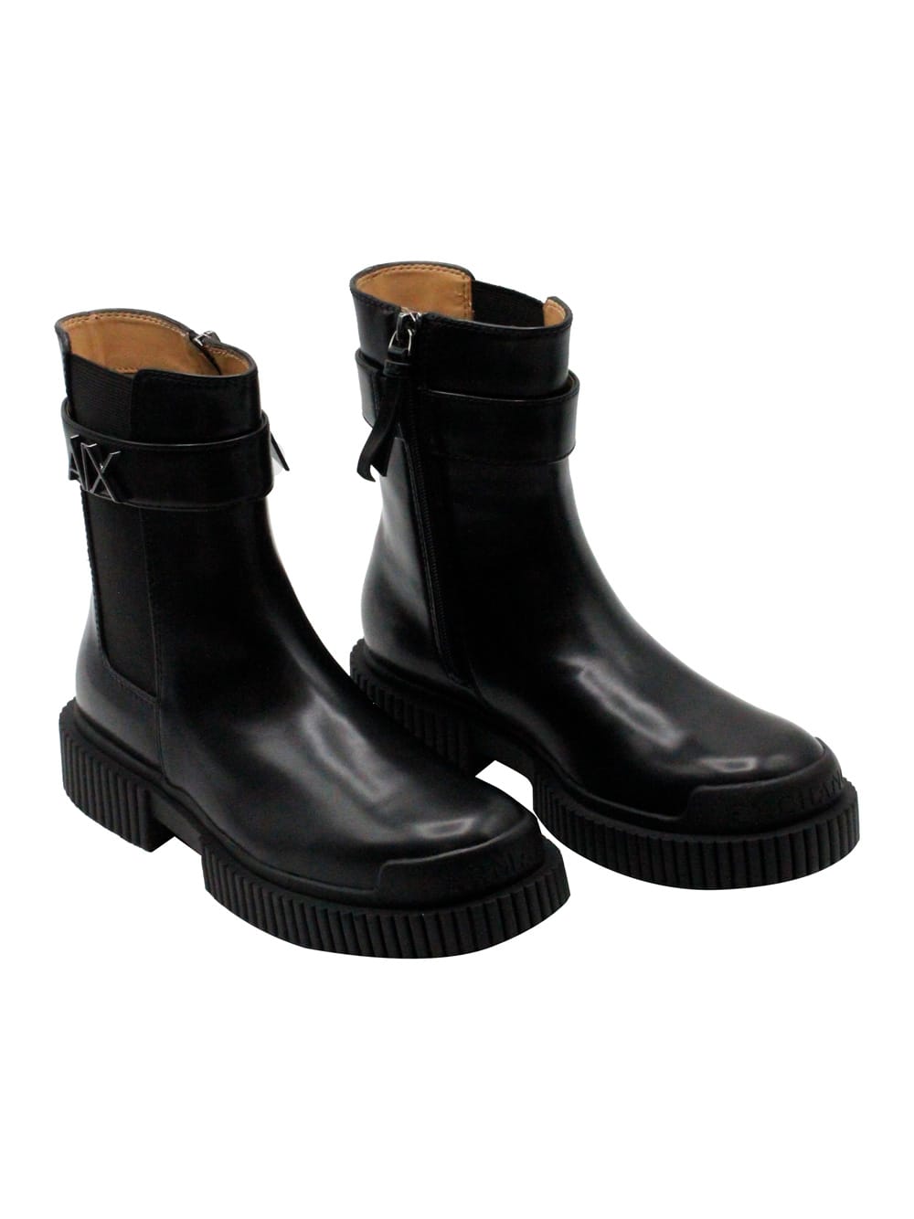 Armani Exchange Buckle Logo Ankle Boots In Black