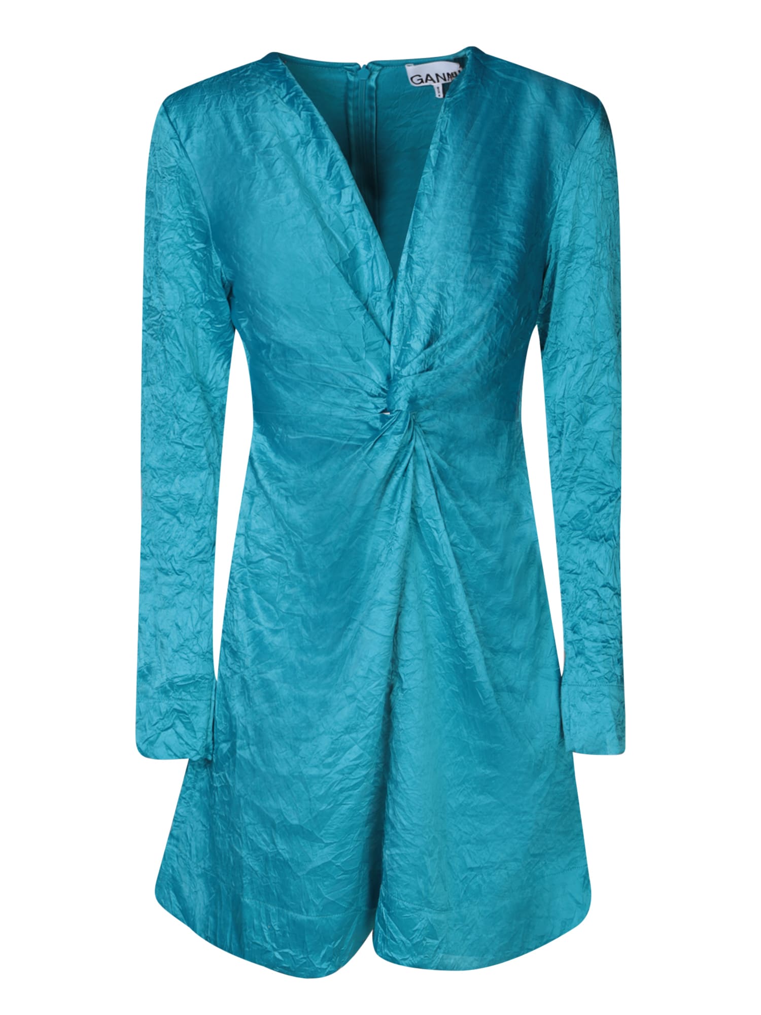 Ganni Blue Crinkle Long Sleeve Mini Dress