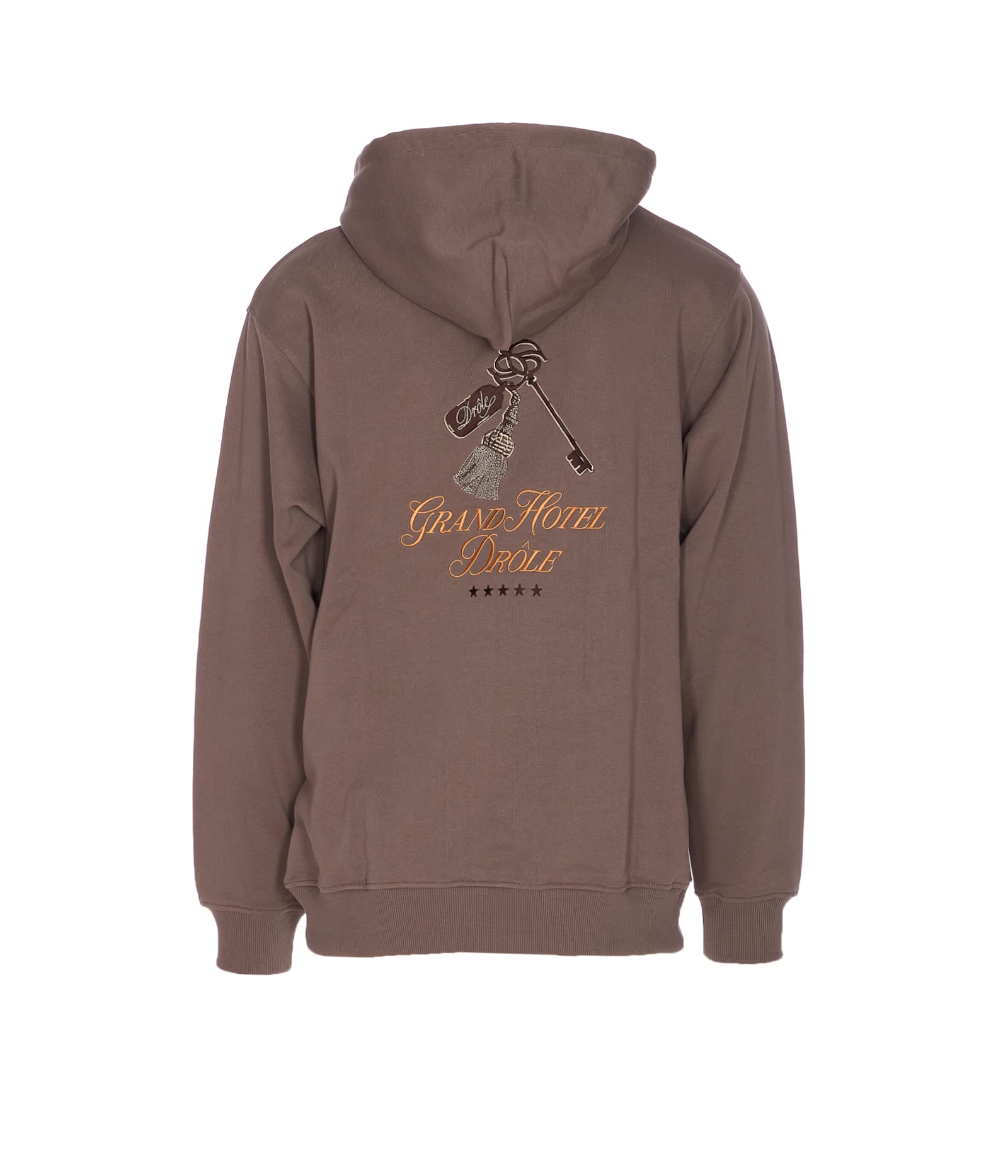 Drôle De Monsieur Hooded Sweater With Embroidered Detail And Front Pocket In Brown