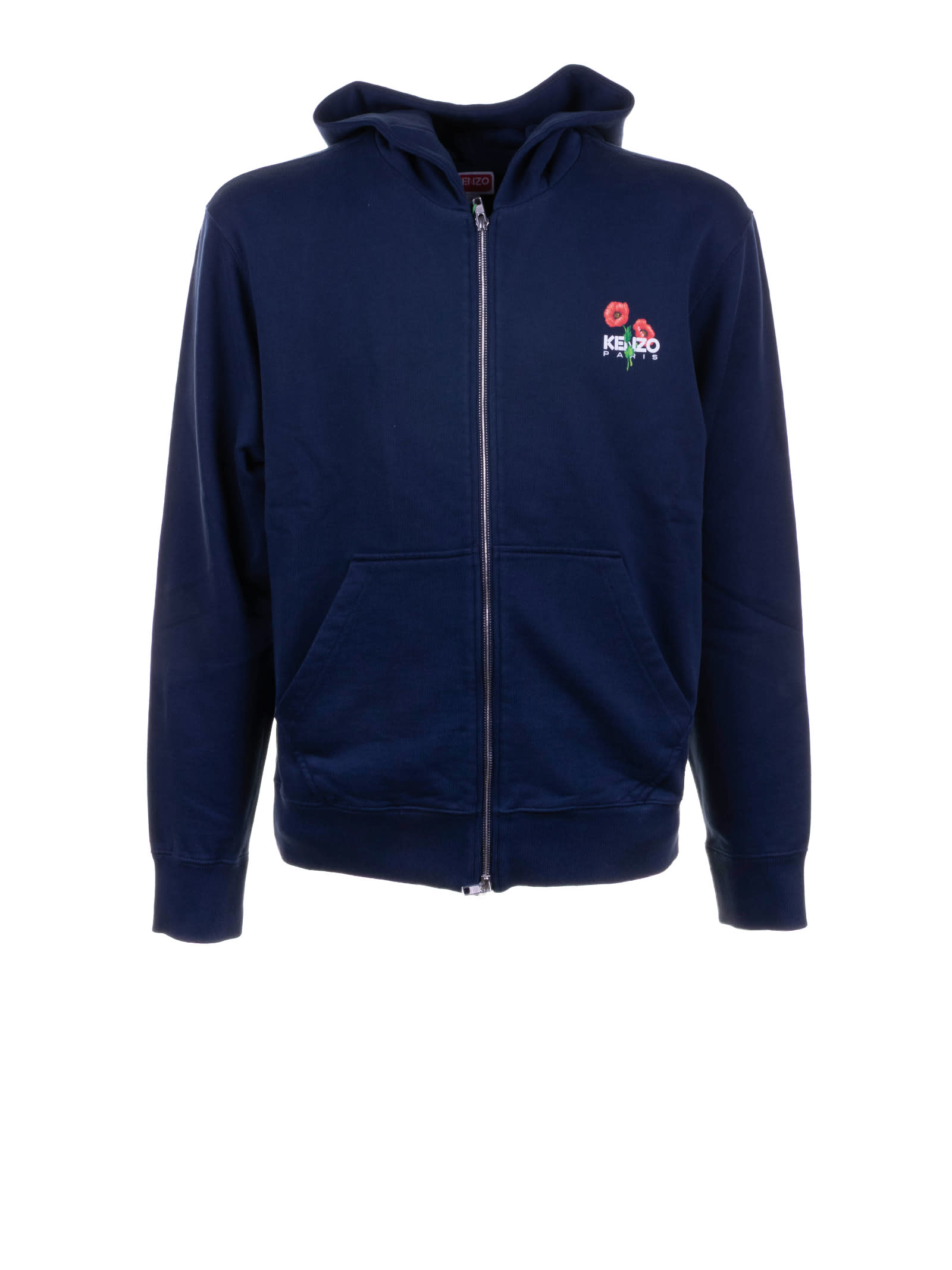 Kenzo Crewneck Sweater With Floral Motif And Hood In Blue