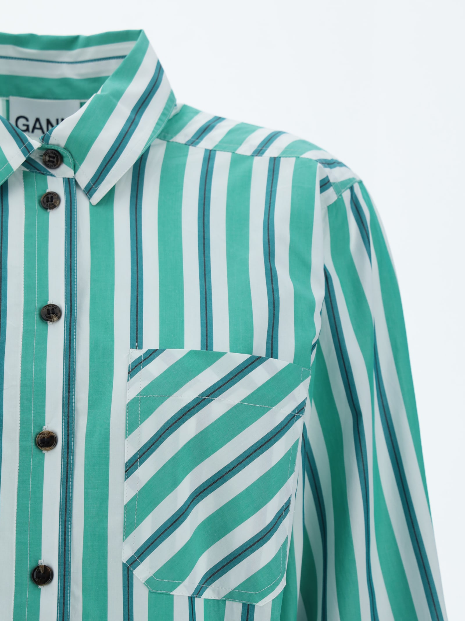 Shop Ganni Stripe Print Shirt In Creme De Mente