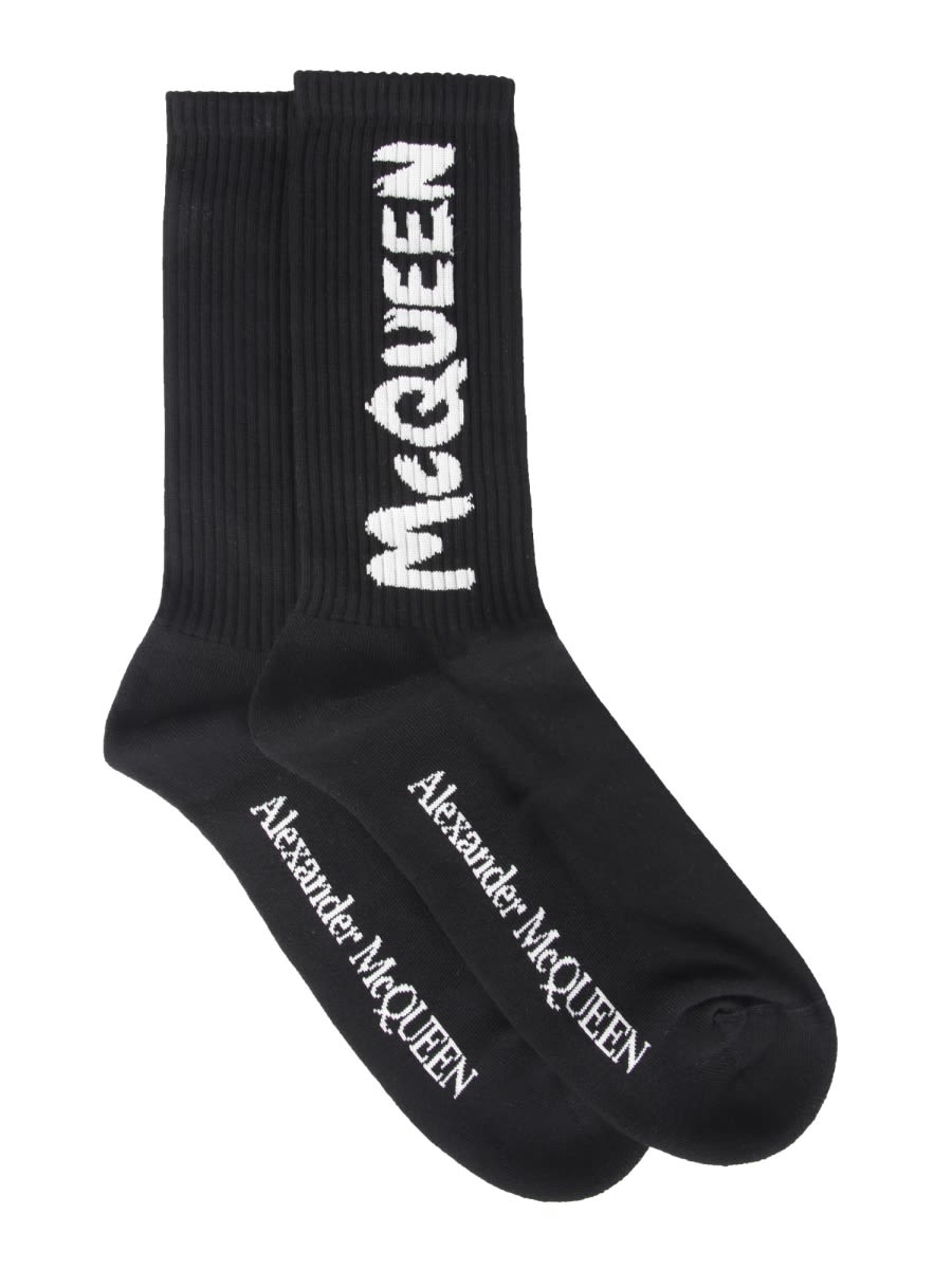 Shop Alexander Mcqueen Graffiti Logo Socks In Black