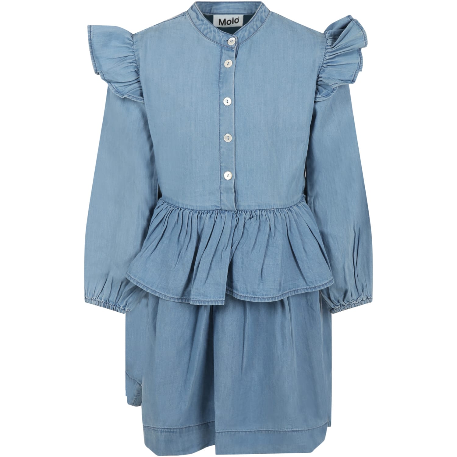 Molo Light-blue Dress Denim For Girl With Ruffles