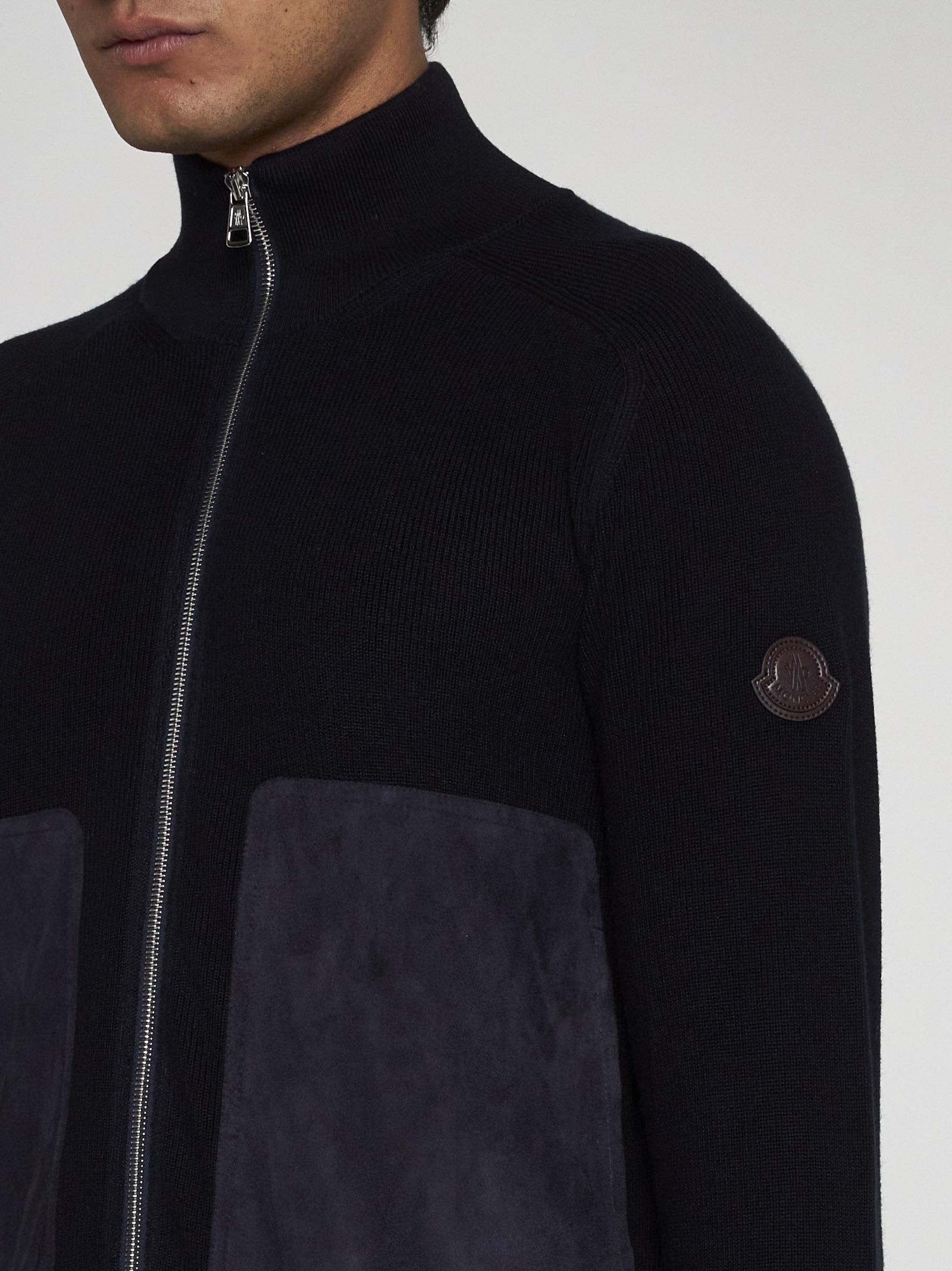 Shop Moncler Knit And Suede Cardigan In Navy
