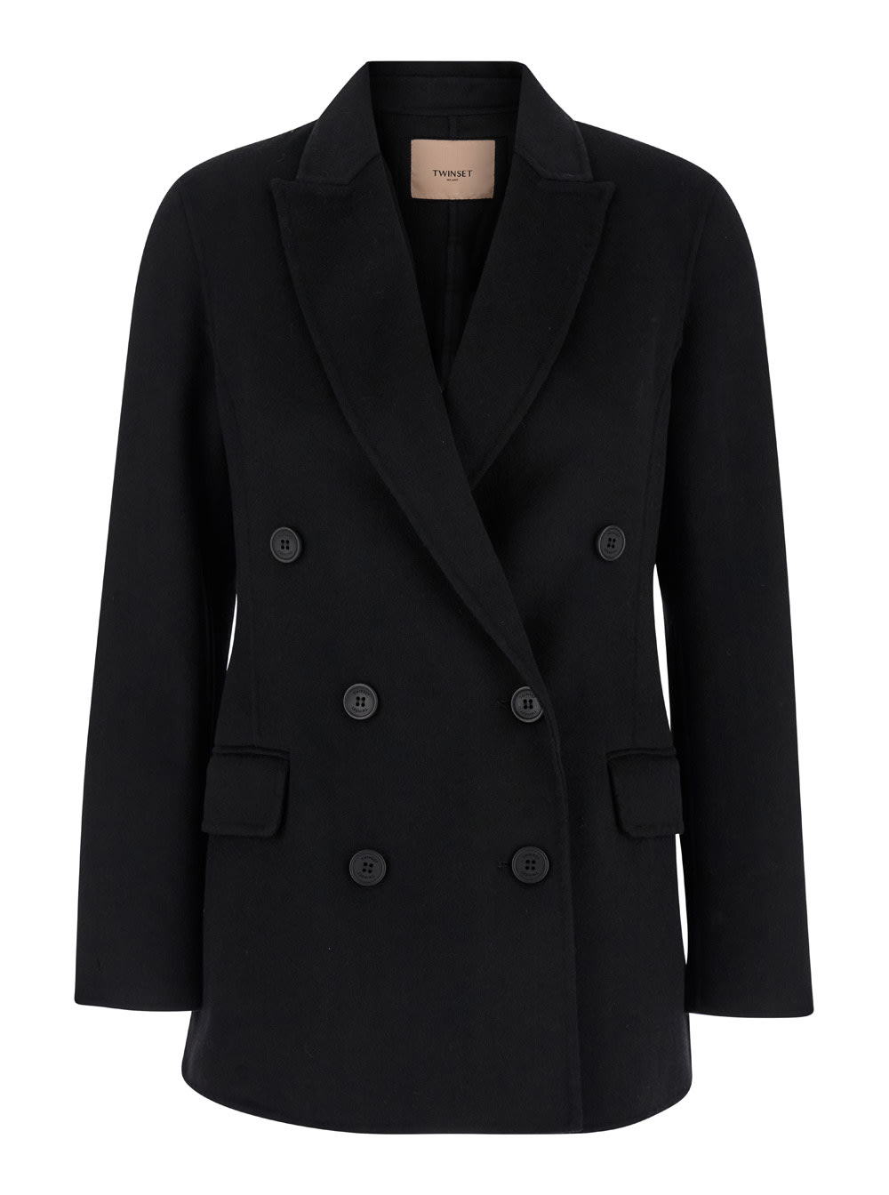 Shop Twinset Black Double-breasted Coat With Peak Revers In Wool Blend Woman