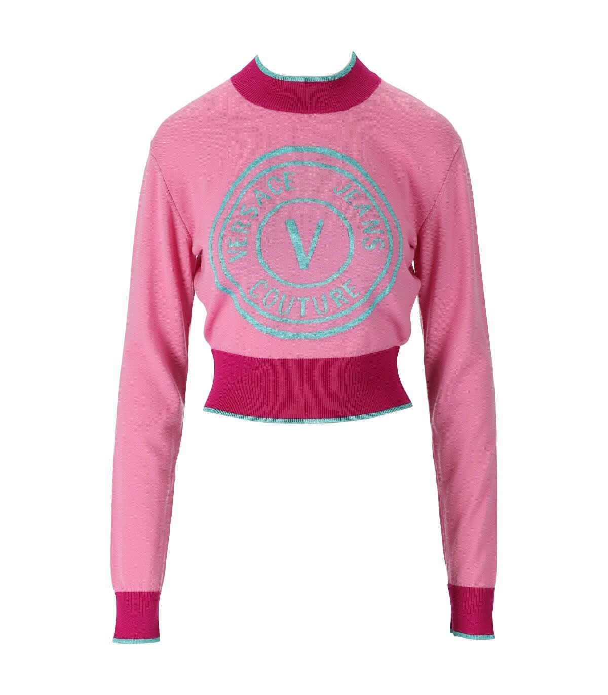 Versace Jeans Couture V-emblem Pink Light Blue Crop Jumper