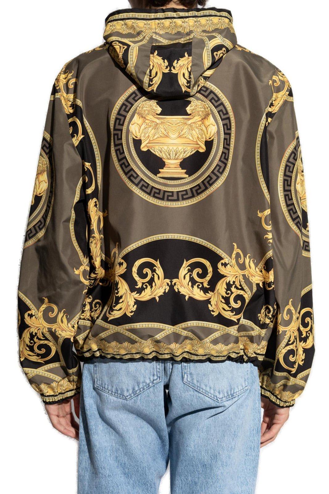 Shop Versace La Coupe Des Dieux Zipped Windbreaker In Black+dark Olive+gold (green)