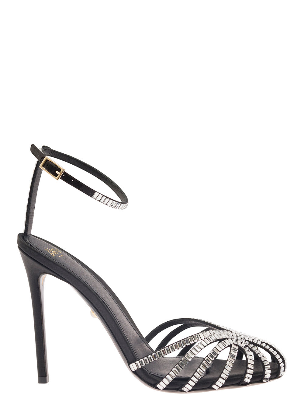 Alevì penelope Black Sandals With Rhinestone Embellishment And Stiletto Heel In Leather And Silk Woman