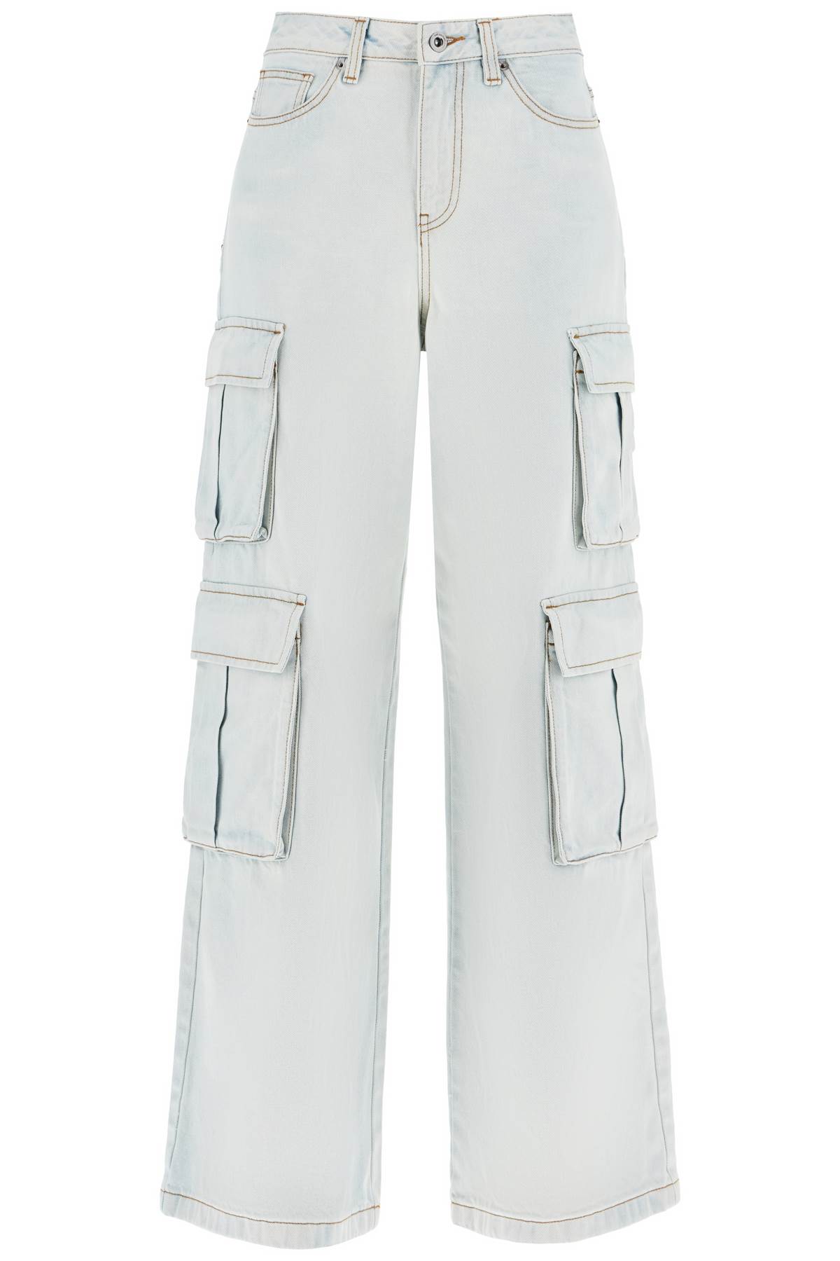 Shop Self-portrait Washed Denim Cargo Jeans In In White (blue)