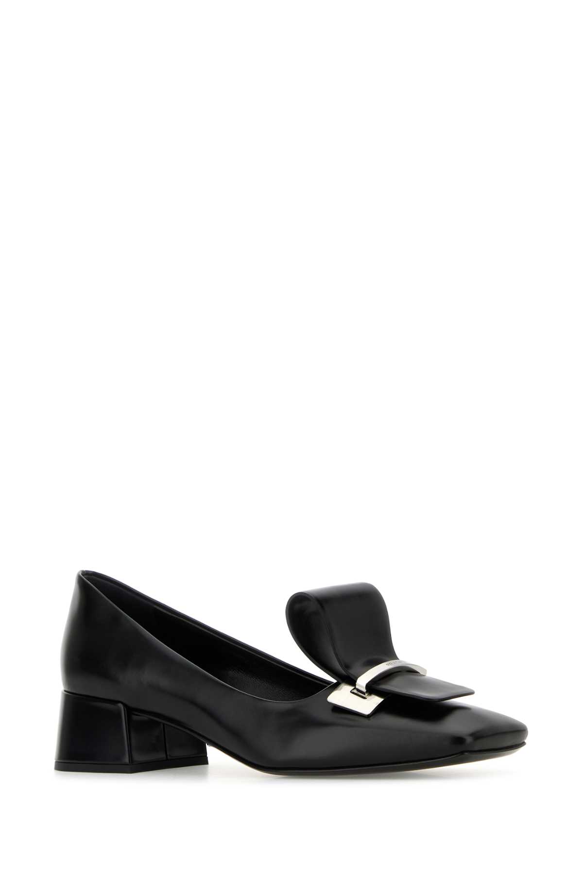 Prada Leather Pumps With Block Heel And Bow In Black