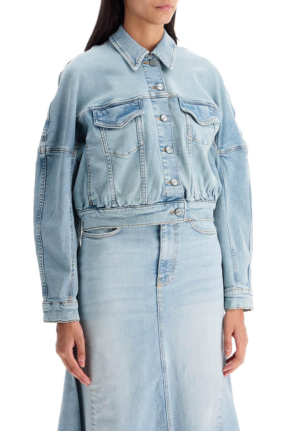 Shop Ganni Stretch Denim Bomber Jacket In 8 In Tint Wash (blue)