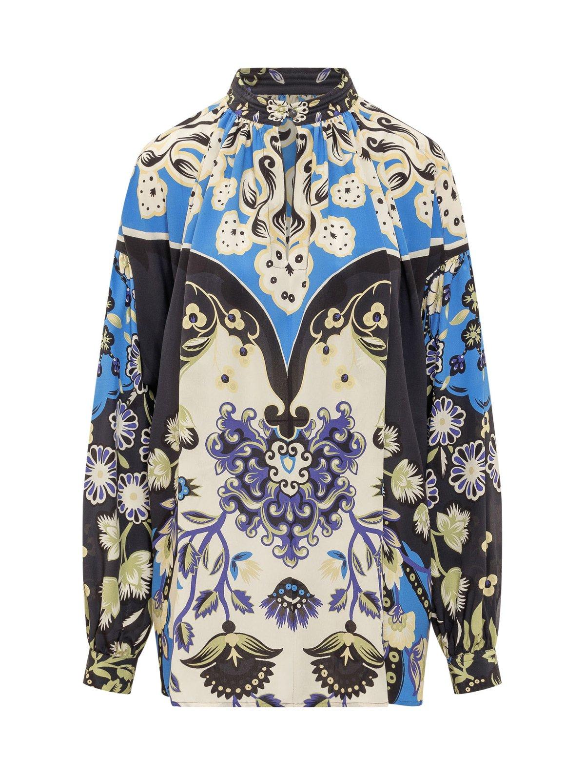 Shop Etro Floral Print Round Neck Blouse In Blu