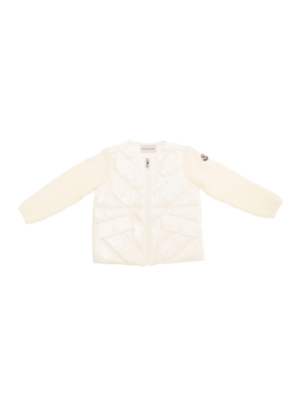 Moncler Cream White Padded Cardigan With Logo Patch In Wool Baby In White