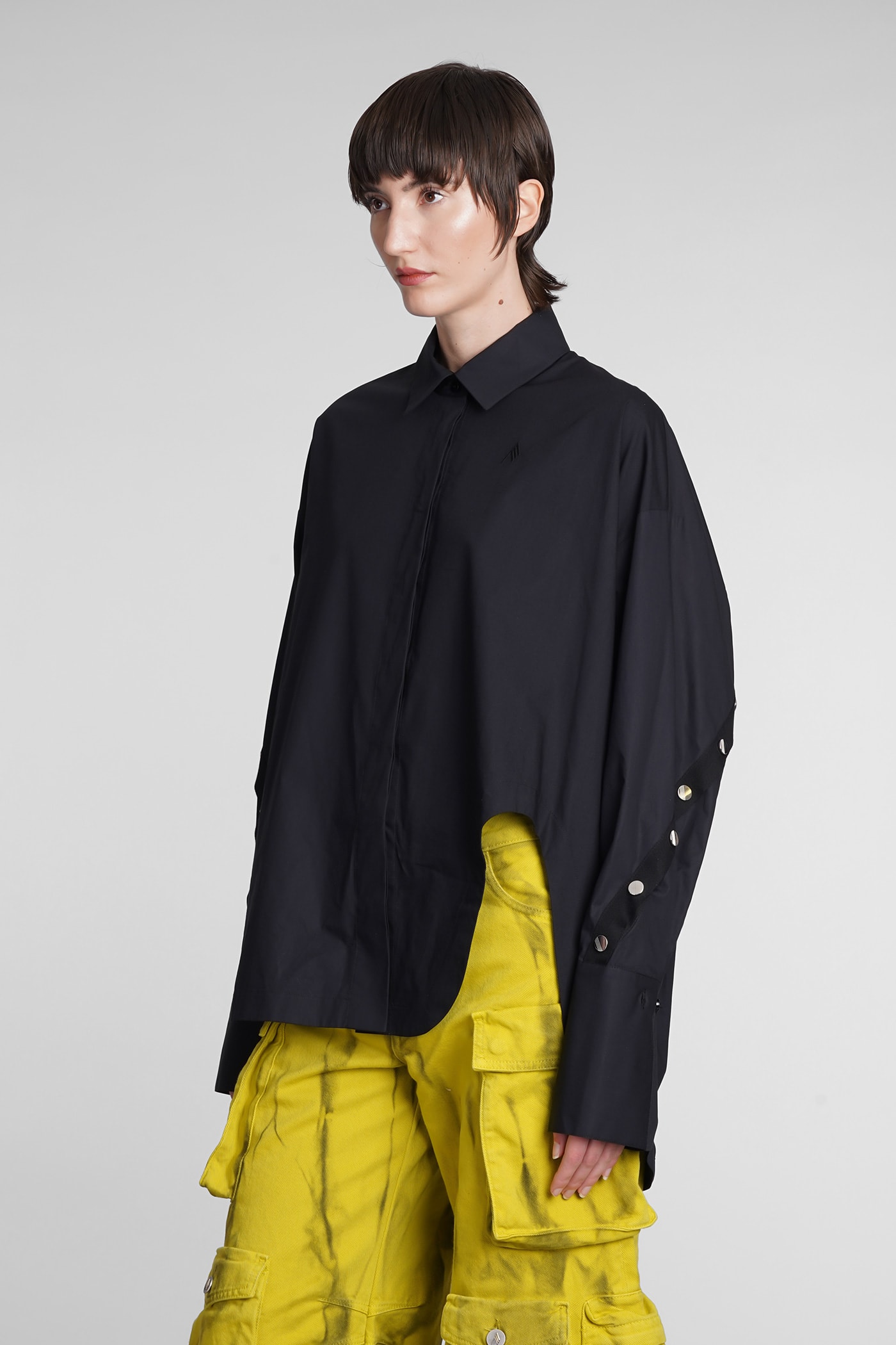 Attico Black Oversized Asymmetric Shirt With Studs In Cotton In Black