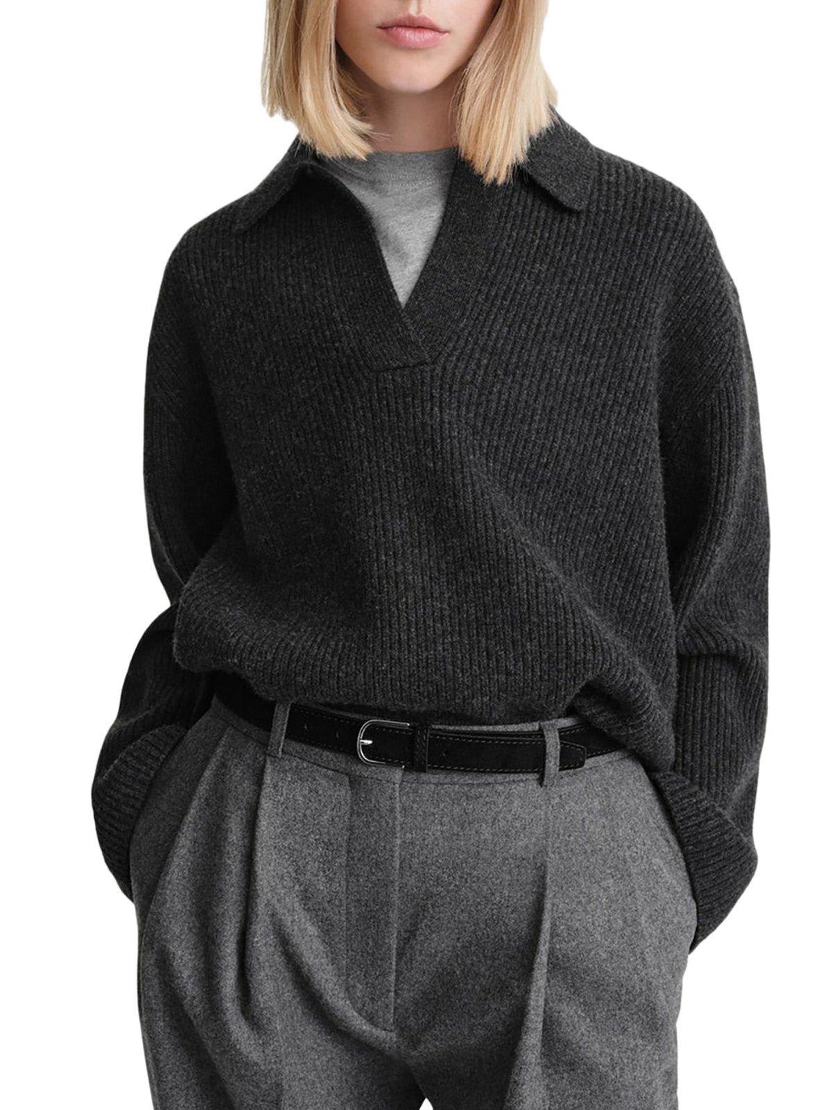 Shop Totême V-neck Ribbed Knit Sweater In Grey