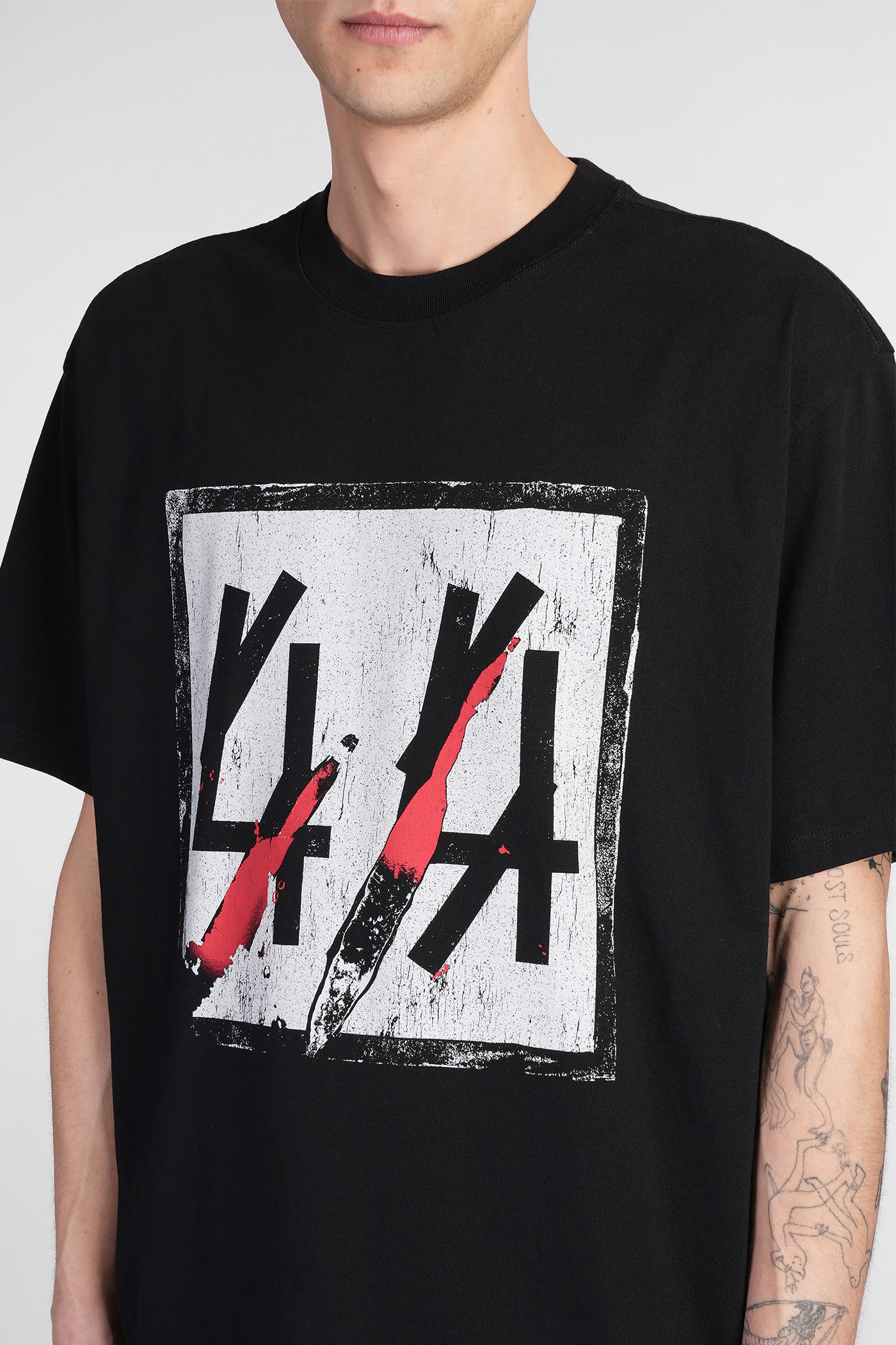 44 Label Group 'sticka' Black Crewneck T-shirt With Maxi Print On The Front And Logo Lettering On The Rear In Black