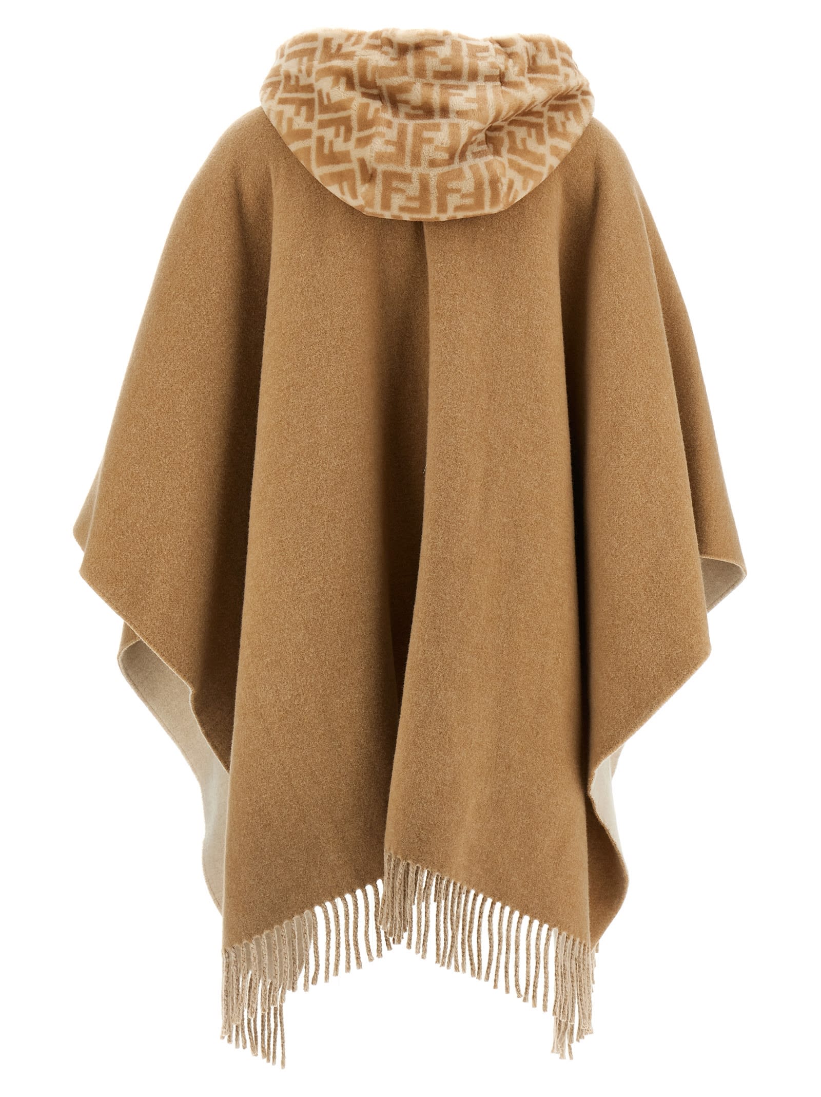 Fendi Rome Reversible Hooded Poncho With Contrast Trim In Beige