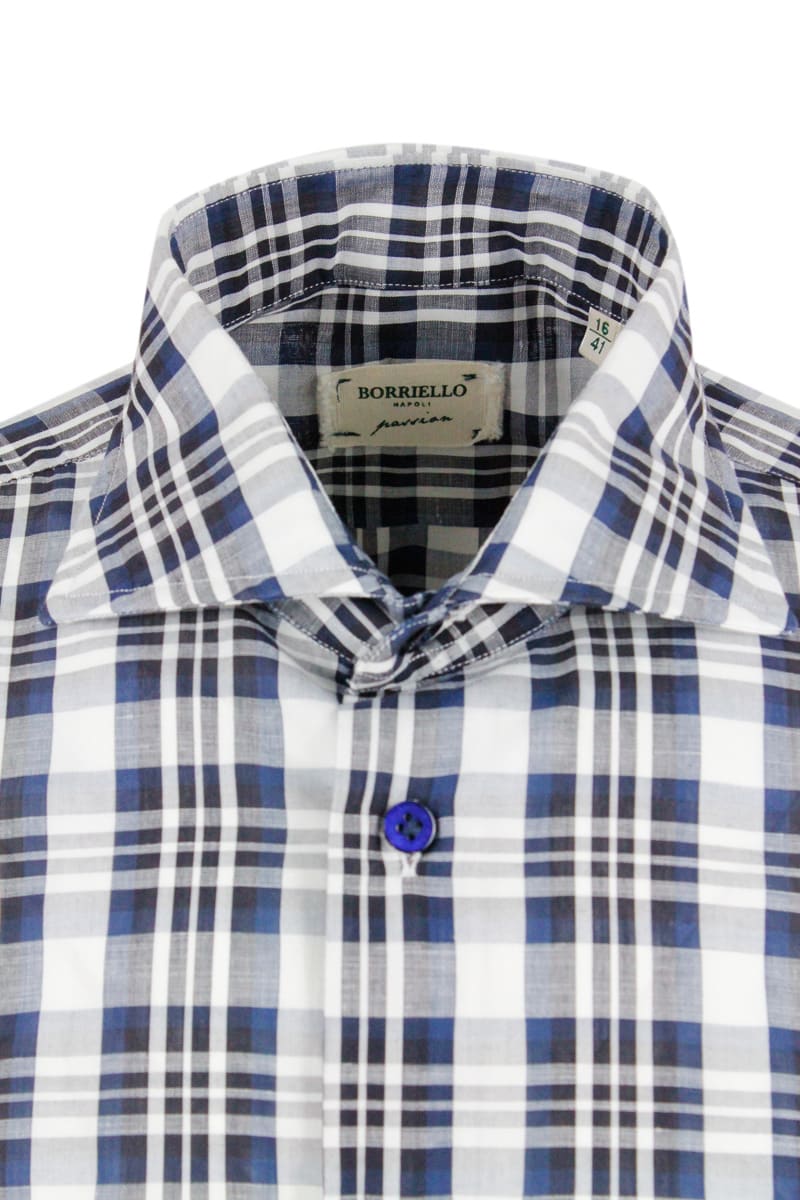 Shop Borriello Napoli Checked Shirt In Cotton And Linen In Blu