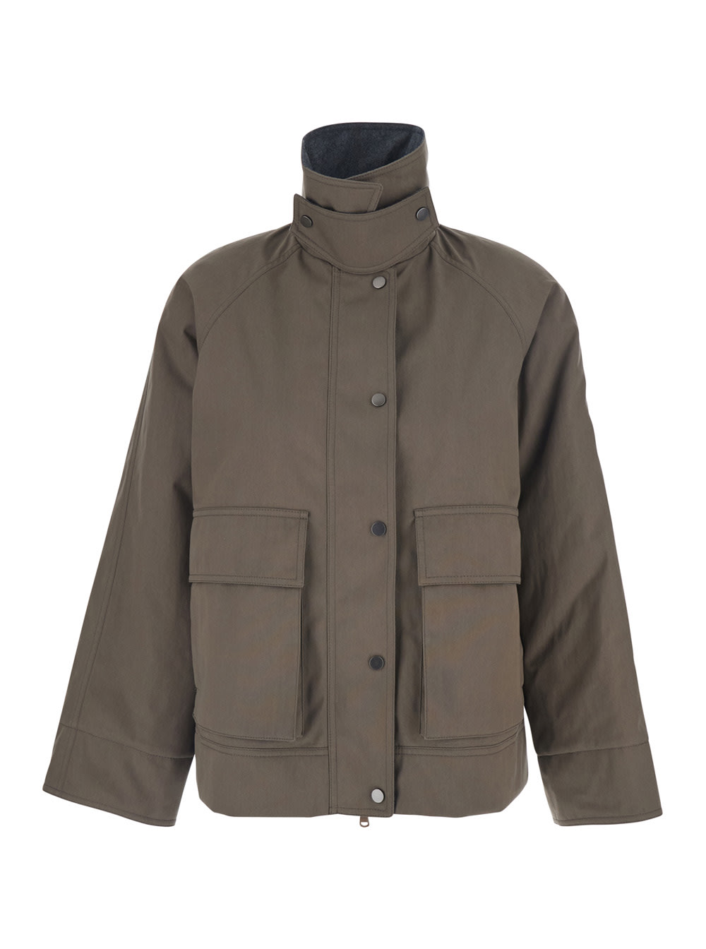 Brunello Cucinelli Women Beige Jacket With High Neck And Patch Pockets On The Chest In Tech Fabric W In Gray