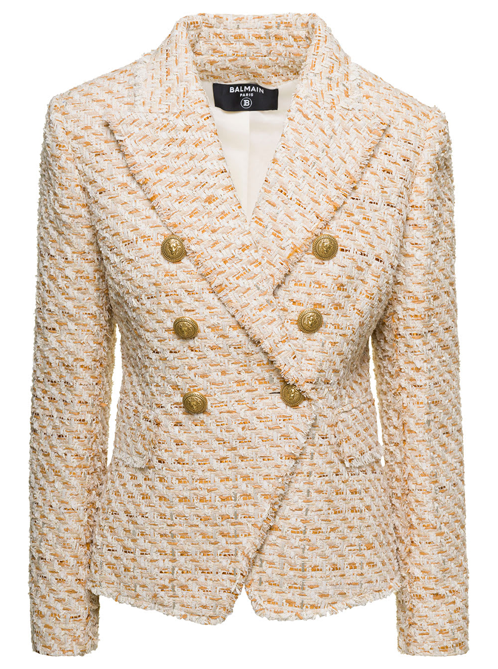 BALMAIN BEIGE DOUBLE-BREASTED JACKET WITH GOLD-COLORED BRANDED BUTTONS IN TWEED WOMAN
