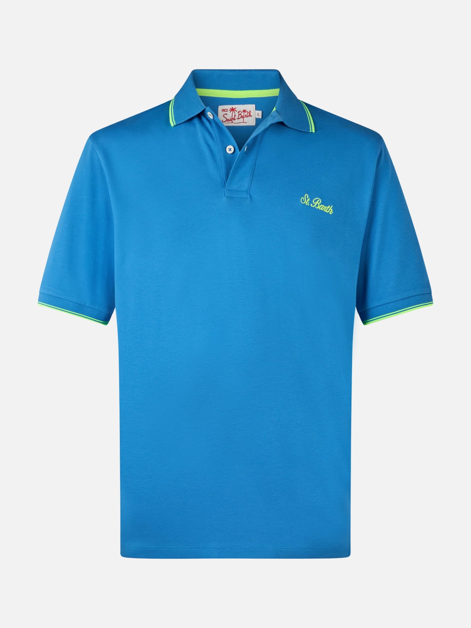Mc2 Saint Barth Man Bluette Cotton Piquet Polo Shirt Beverly Hills With Palm Embroidery In Blue