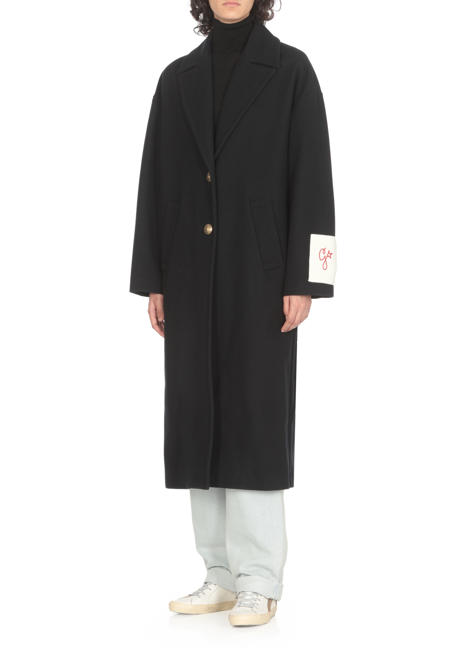 Golden Goose Single-breasted Long Coat In Virgin Wool In Blue