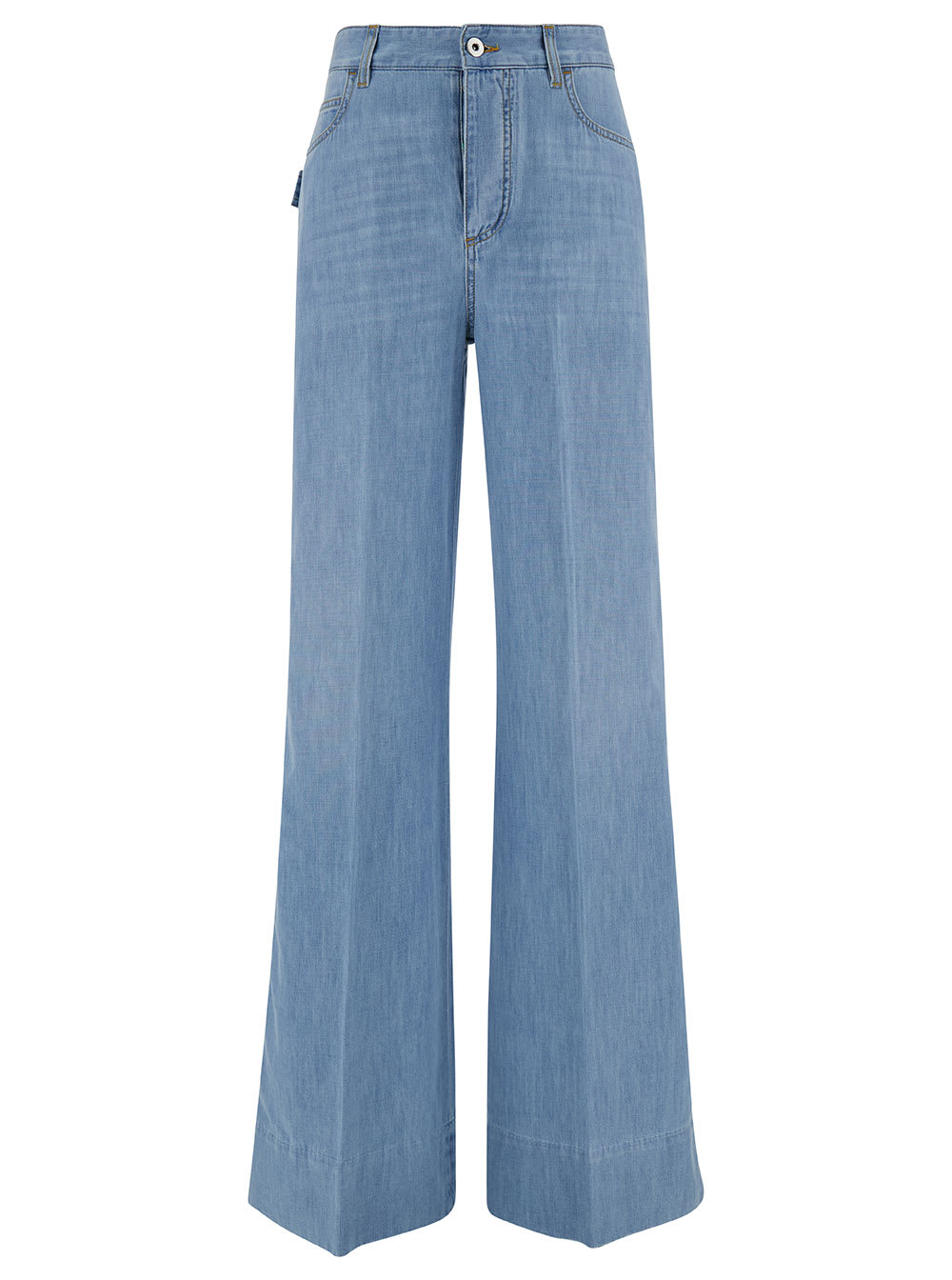 BOTTEGA VENETA LIGHT BLUE WIDE JEANS WITH LOGO PATCH IN COTTON DENIM WOMAN 