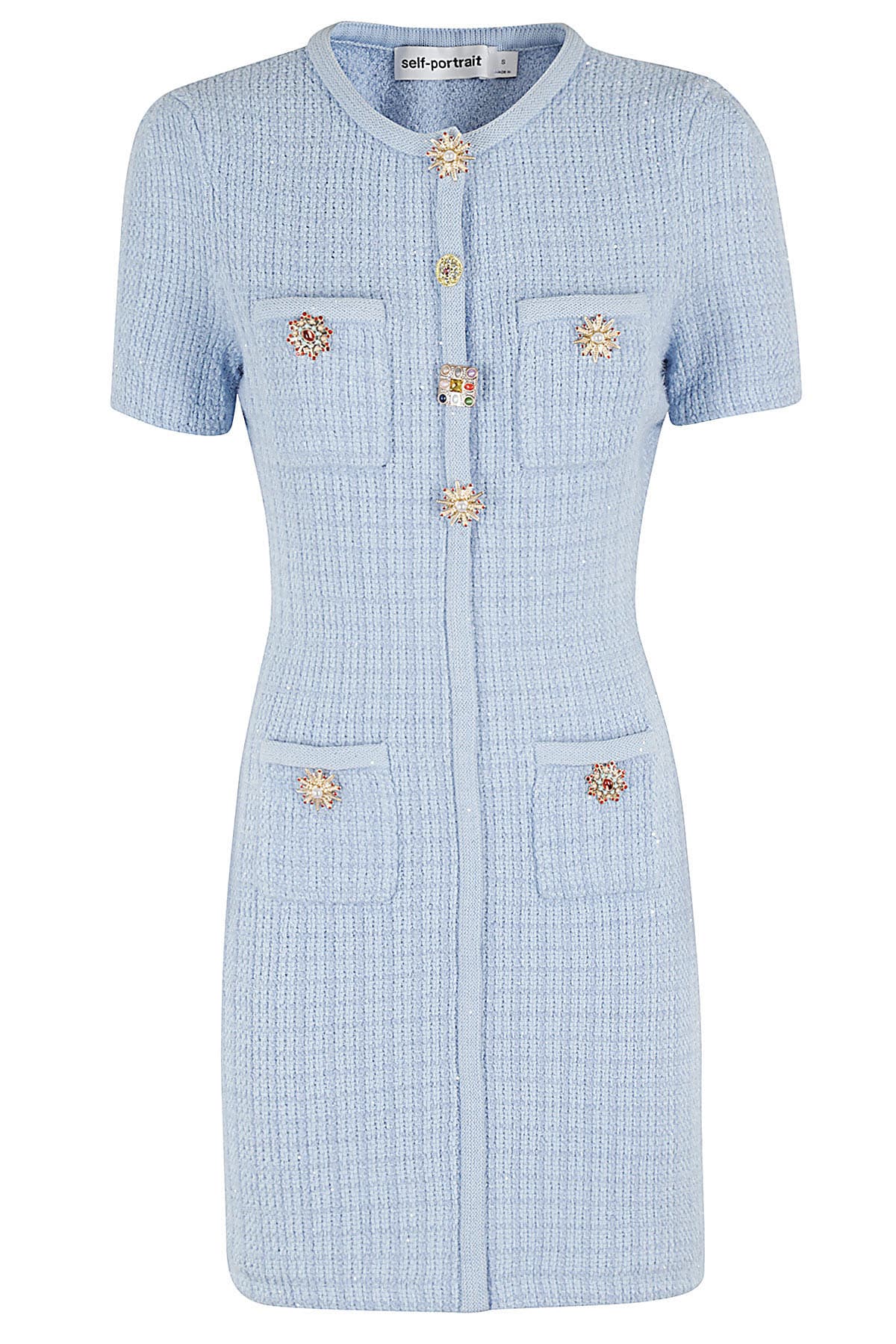 Shop Self-portrait Jewel Button Knit Mini Dress In Blue