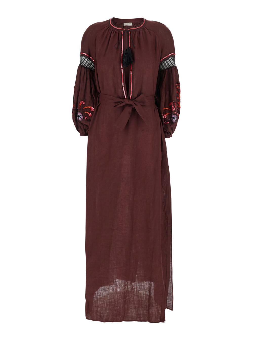 nicoletta Brown Long Dress With Long Puffed Sleeves And Belt In Linen Woman