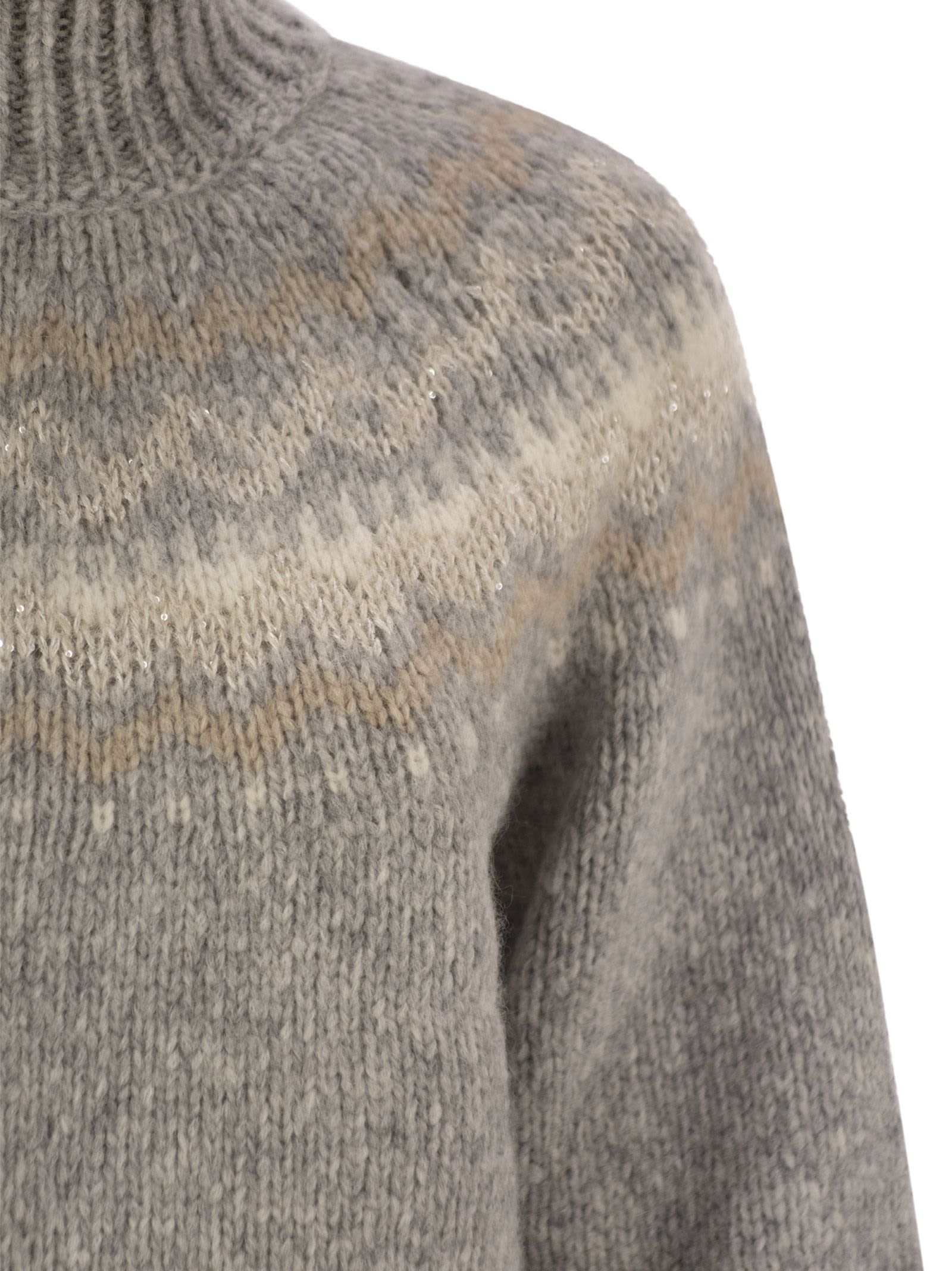 Shop Peserico Jacquard High Neck Sweater In Alpaca, Wool And Micropaillettes In Grey