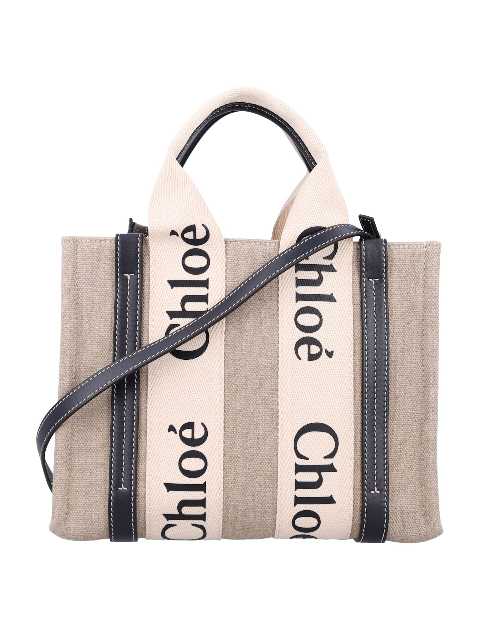 Shop Chloé Linen Woody Medium Tote Bag In White - Blue 1