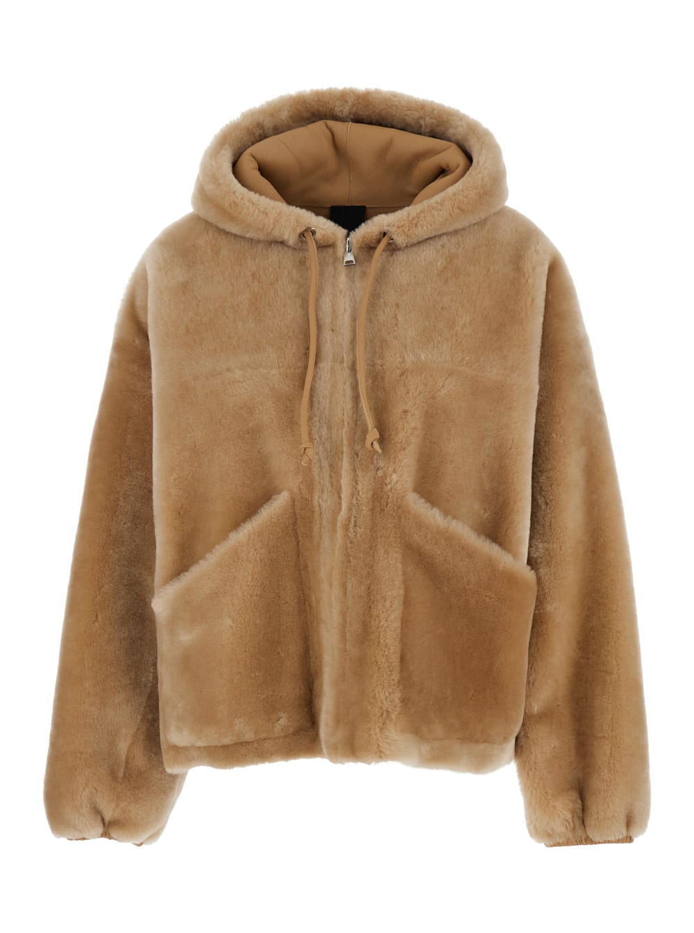 Beige Reversible Jacket With Hood And Zip In Shearling Woman