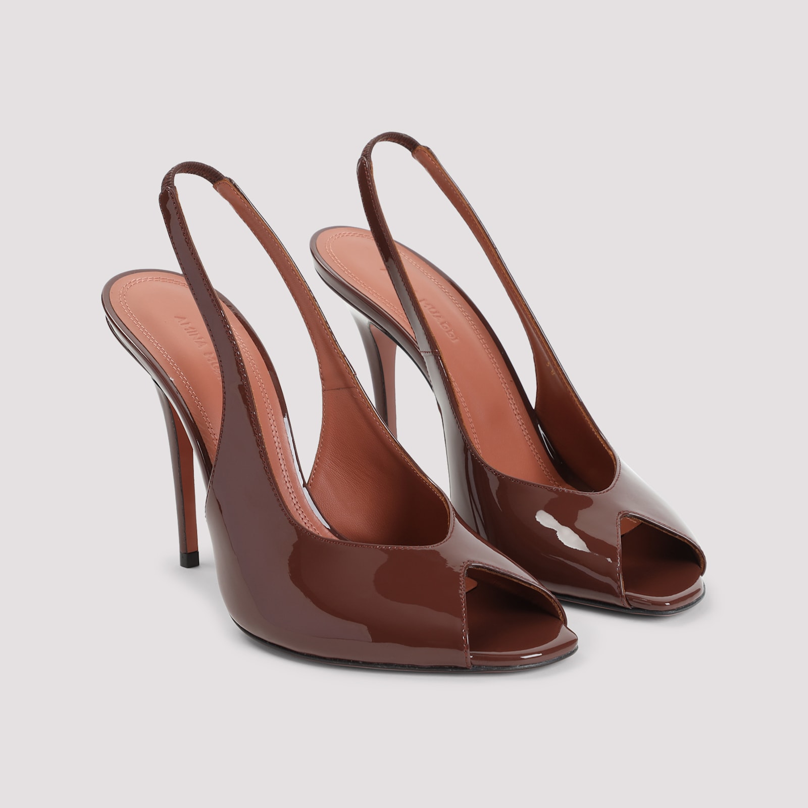 Amina Muaddi Open-toe Brown Patent Leather Stiletto Pumps In Chocolate