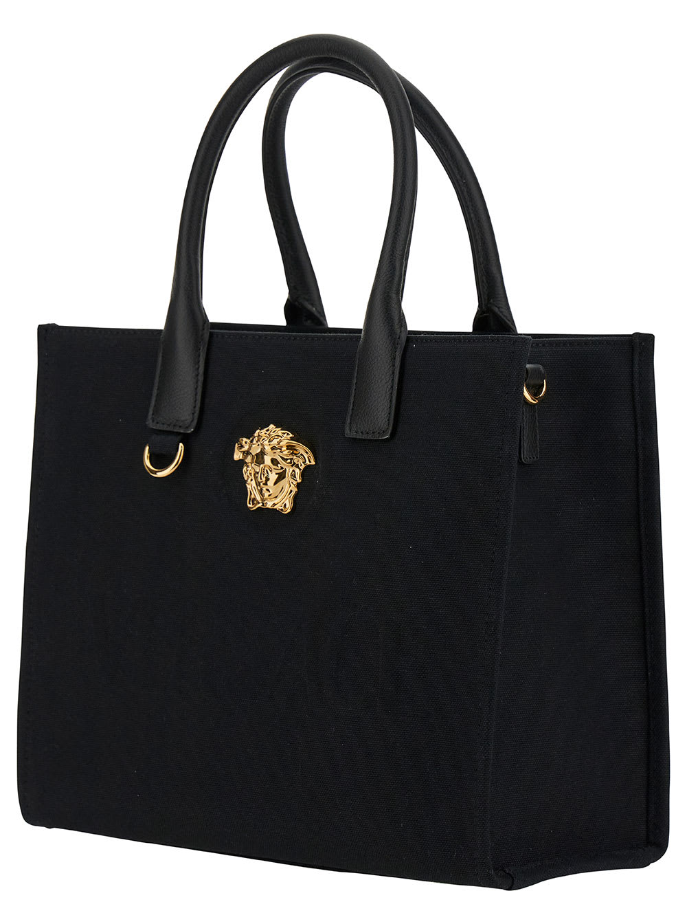 VERSACE LA MEDUSA SMALL BLACK TOTE BAG WITH LEATHER HANDLES AND LOGO DETAIL IN CANVAS WOMAN