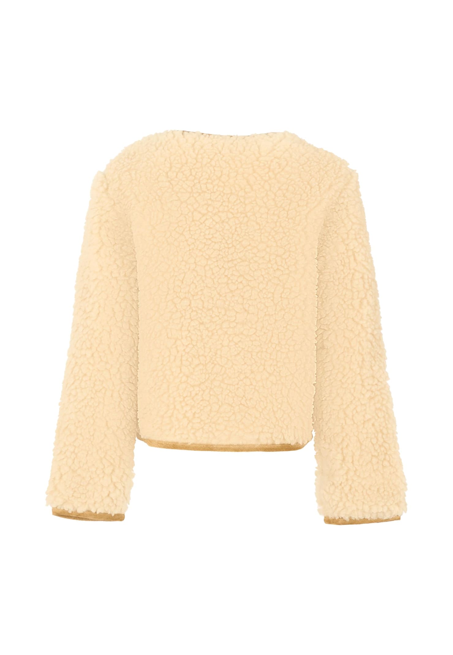 Moncler Ivory Fur Coat For Girl With Logo In Nude