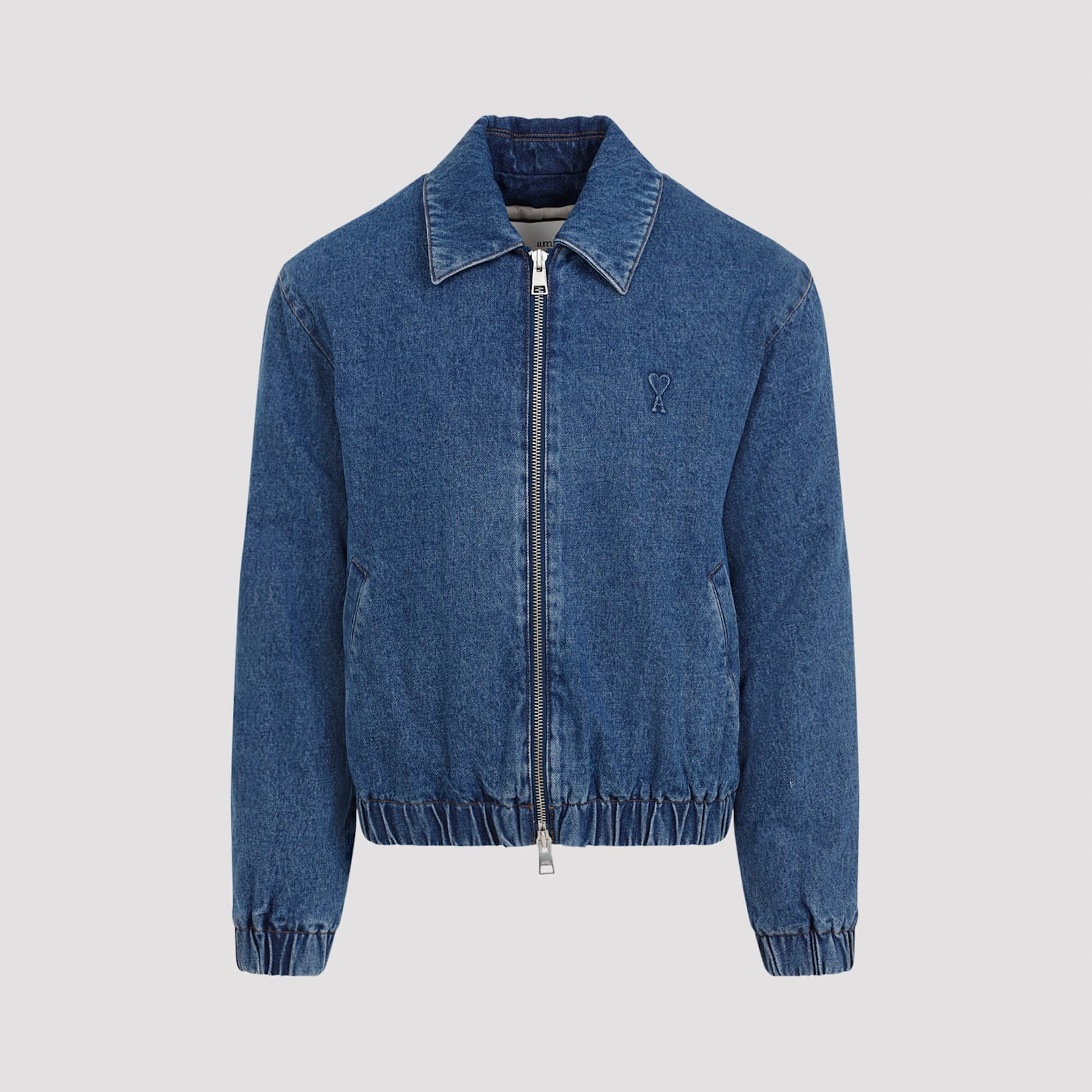 Shop Ami Alexandre Mattiussi Zipped Denim Bomber Jacket In Used Blue