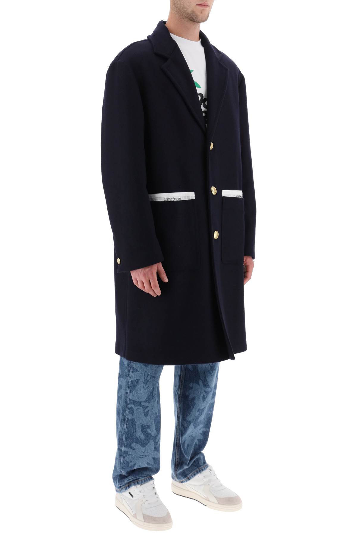 Shop Palm Angels Sartorial Tape Wool Cashmere Coat In Navy Blue (blue)