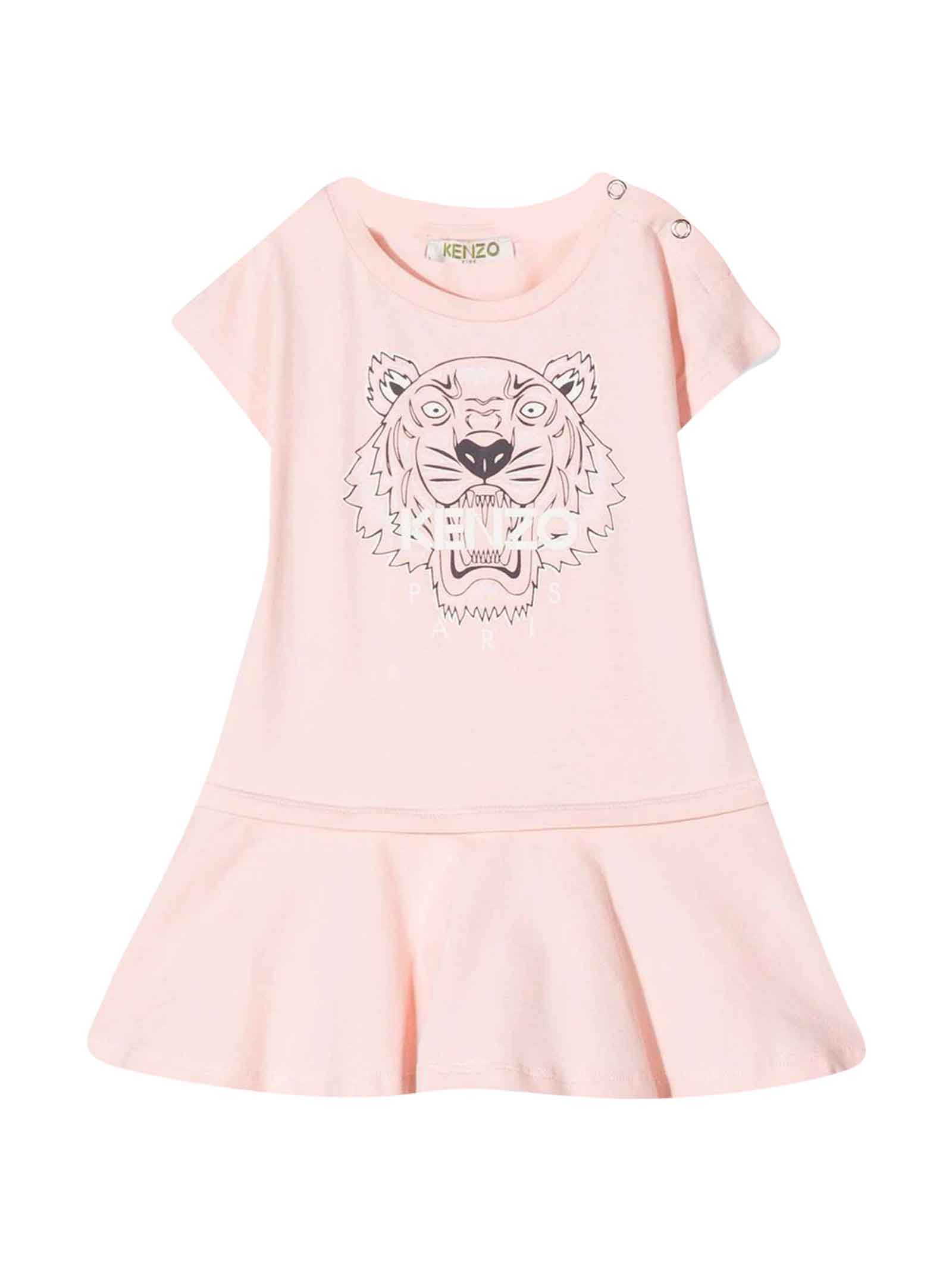 Kenzo Kids Pink Baby Girl Dress T-shirt Model With Tiger Head Print, With Logo On The Front, Round Neckline, Short Sleeves, Low Waist, Flared Skirt And Curved He