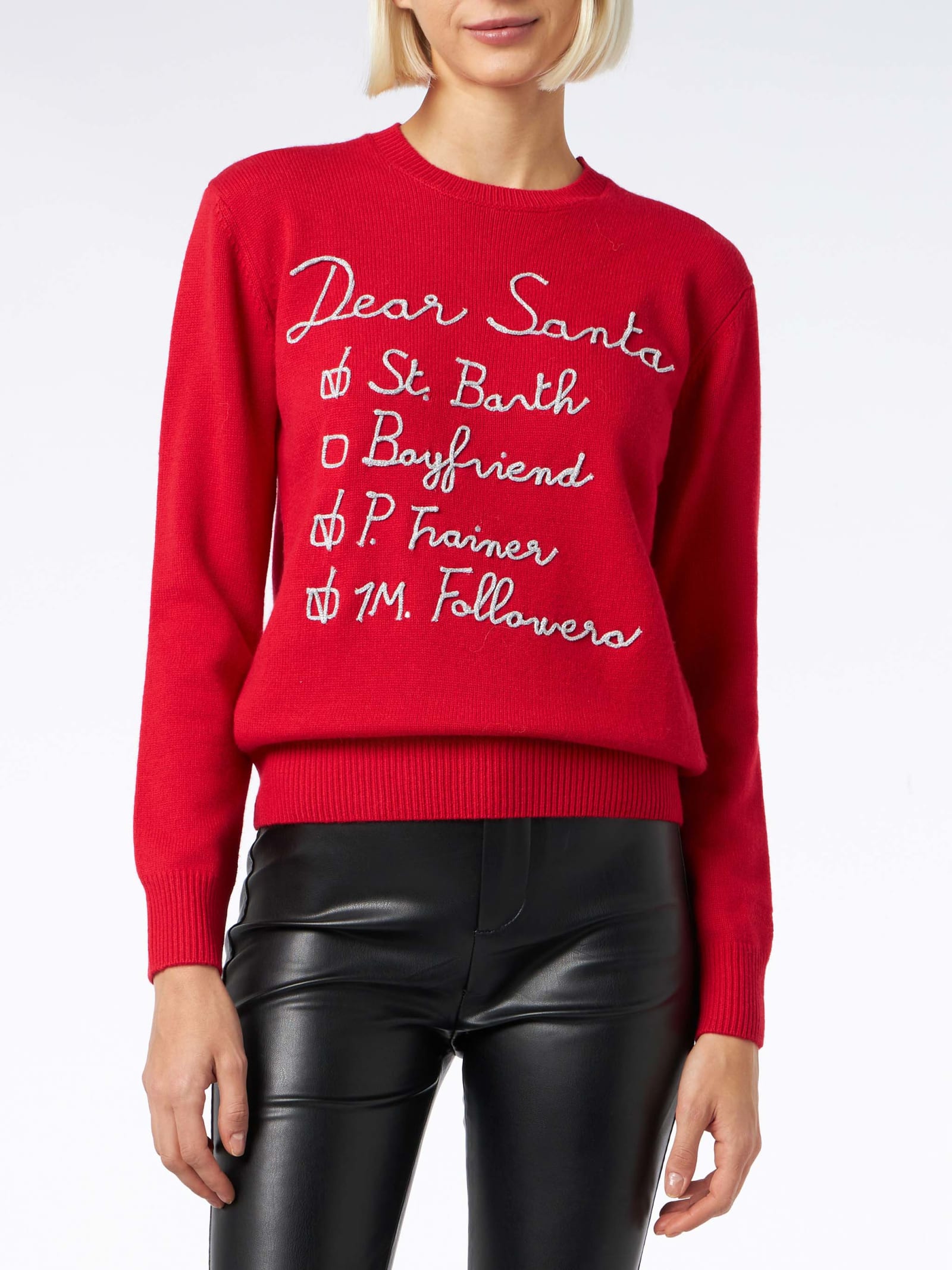 Shop Mc2 Saint Barth Woman Brushed Sweater With Dear Santa List Embroidery In Red