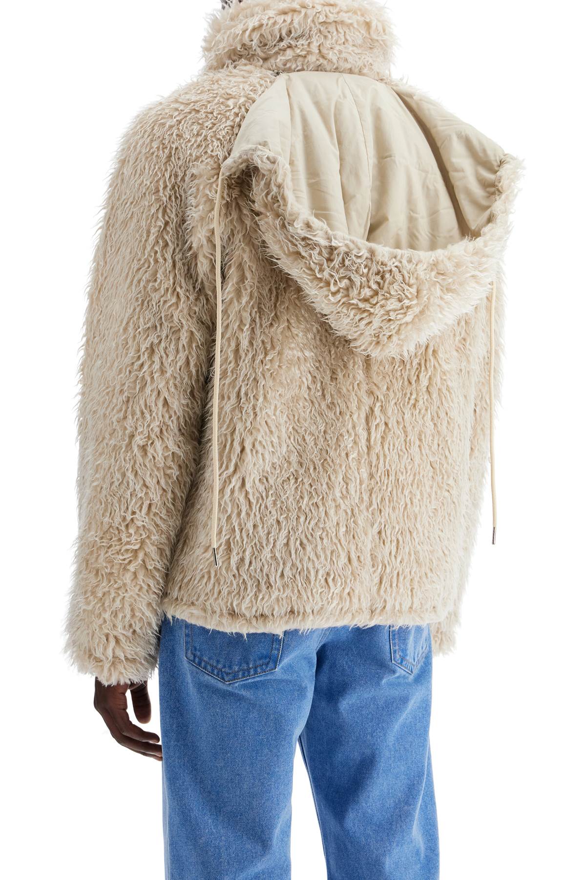 Shop Marni Faux Fur Jacket With Removable Hood. In Glass