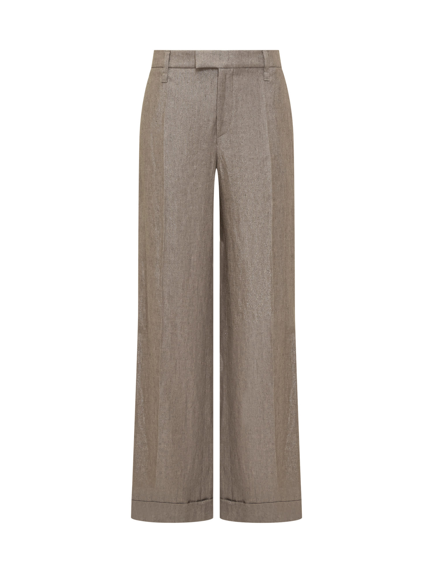 Shop Brunello Cucinelli Loose Flared Trousers In Sparkling Twill Linen With Monile In Brown/argento