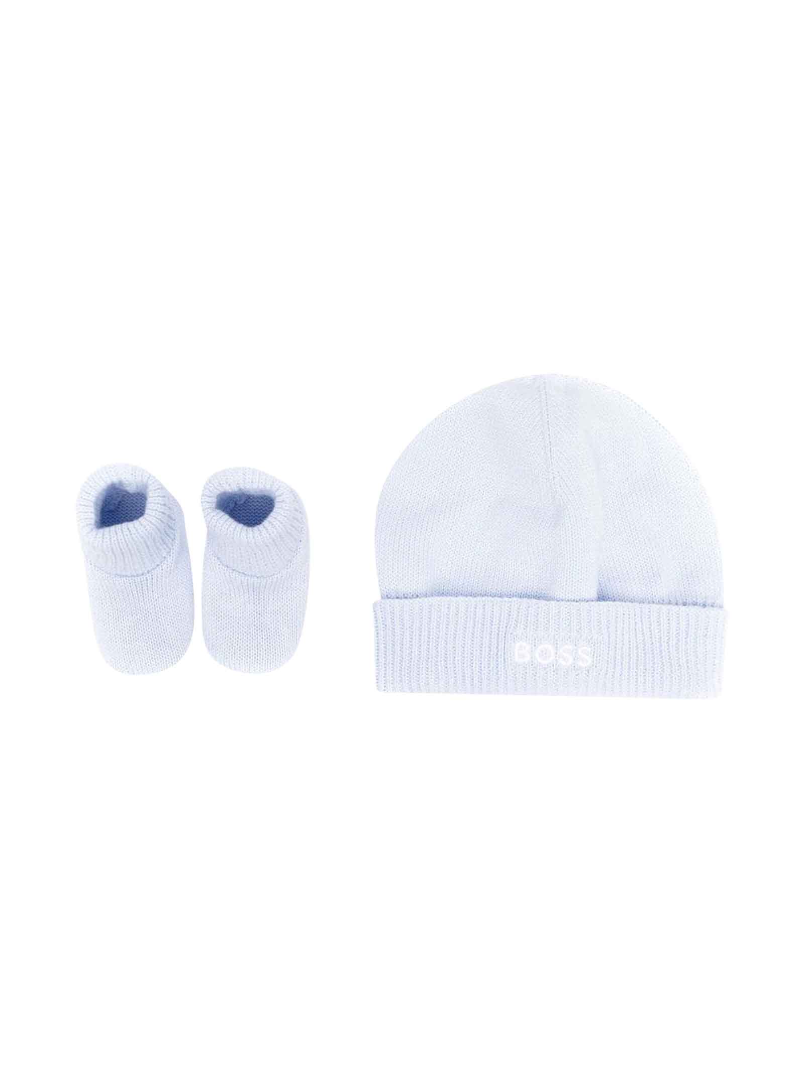 Hugo Boss Light Blue Newborn Hat And Shoe Set Logo Print On The Front, Ribbed Hem, Brim With Crease By.
