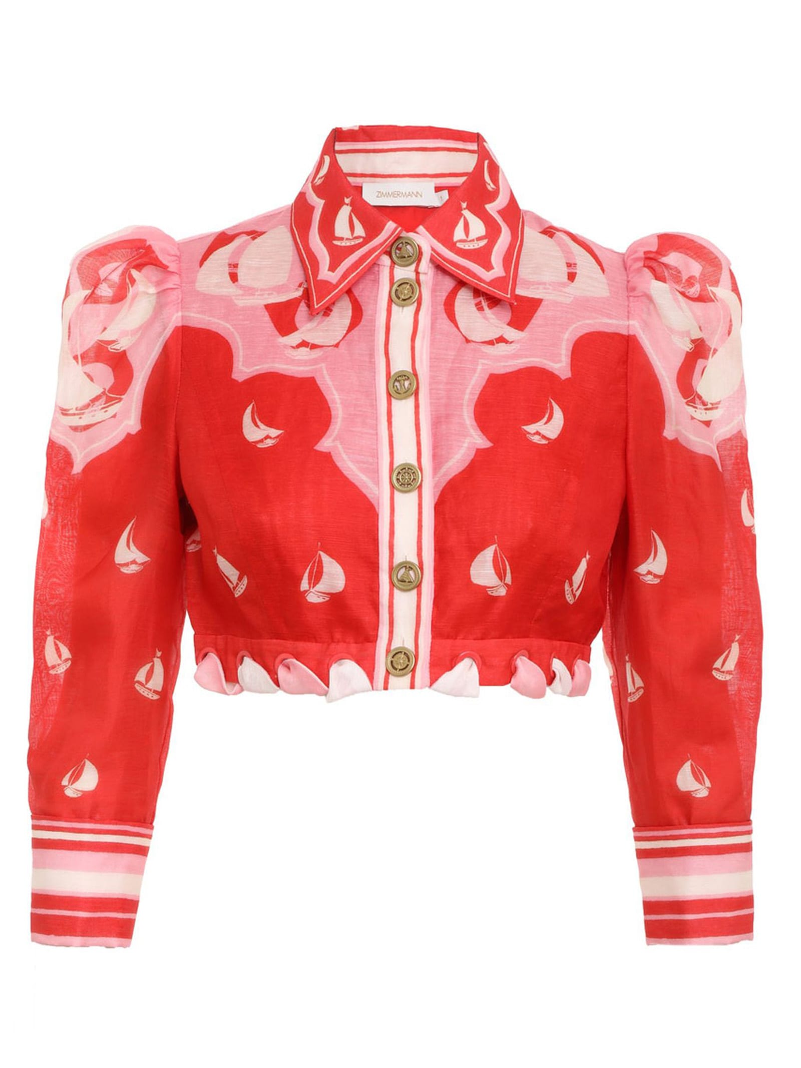 ZIMMERMANN EYELET CROPPED SHIRT IN RED SAILBOATS