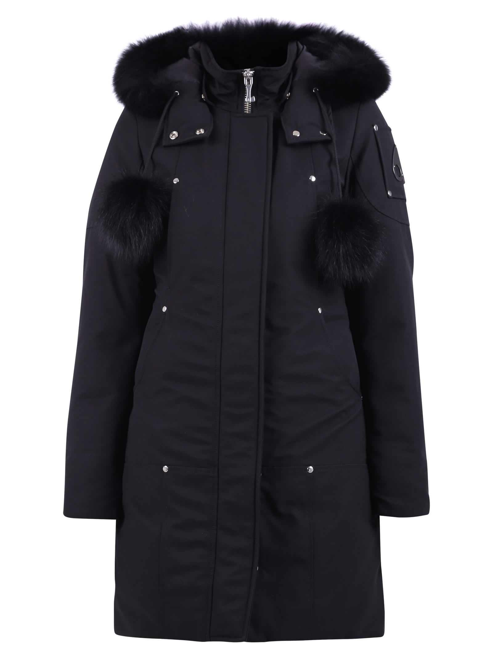 Moose Knuckles Long Black Padded Coat With Detachable Faux Fur Hood In Black