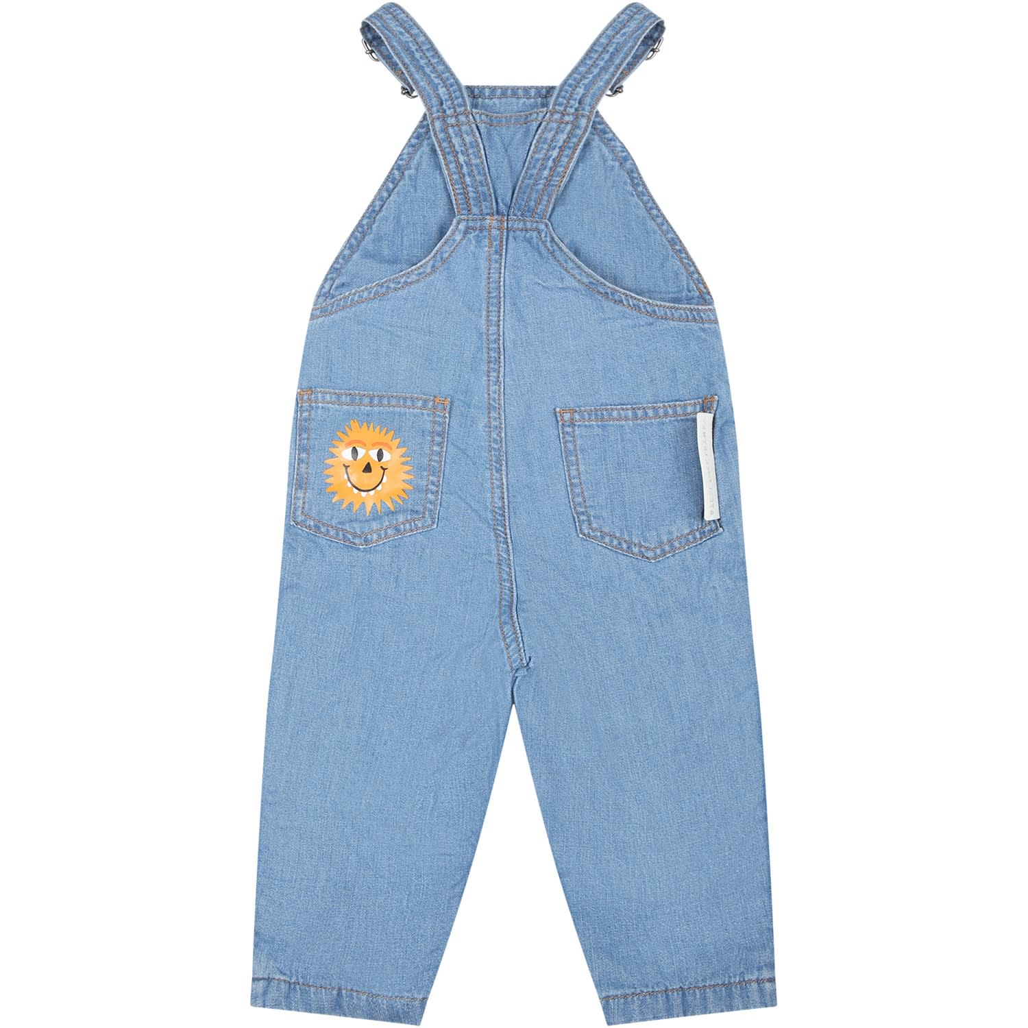 Shop Stella Mccartney Blue Dungarees For Baby Boy With Trees Print In Denim