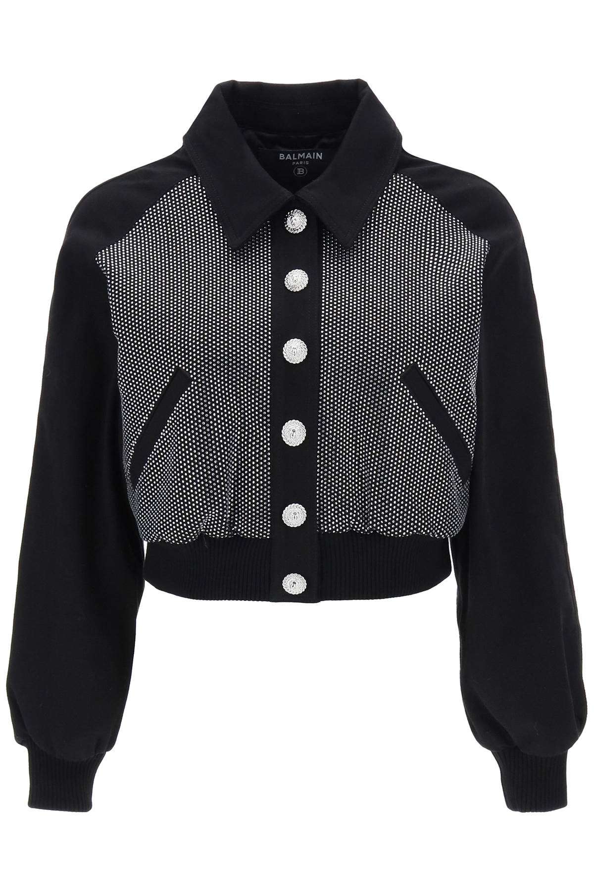 Shop Balmain Denim Blouson Jacket With Rhinestones In Noir Cristal (black)