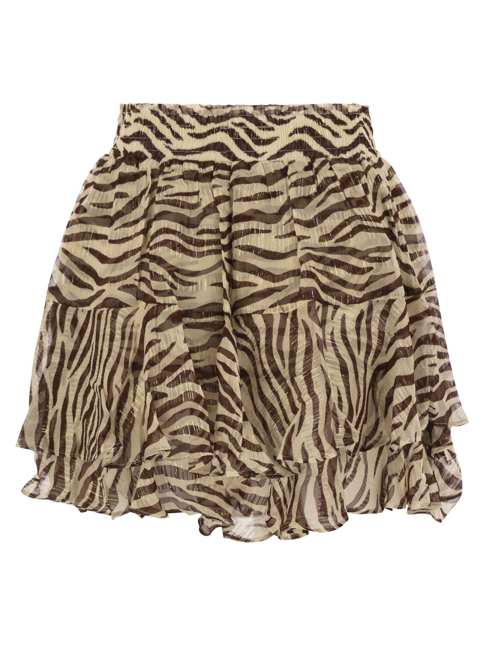 Mc2 Saint Barth Eivissa Ruffled Mini Skirt In Lurex Silk Voile With Animalier Print